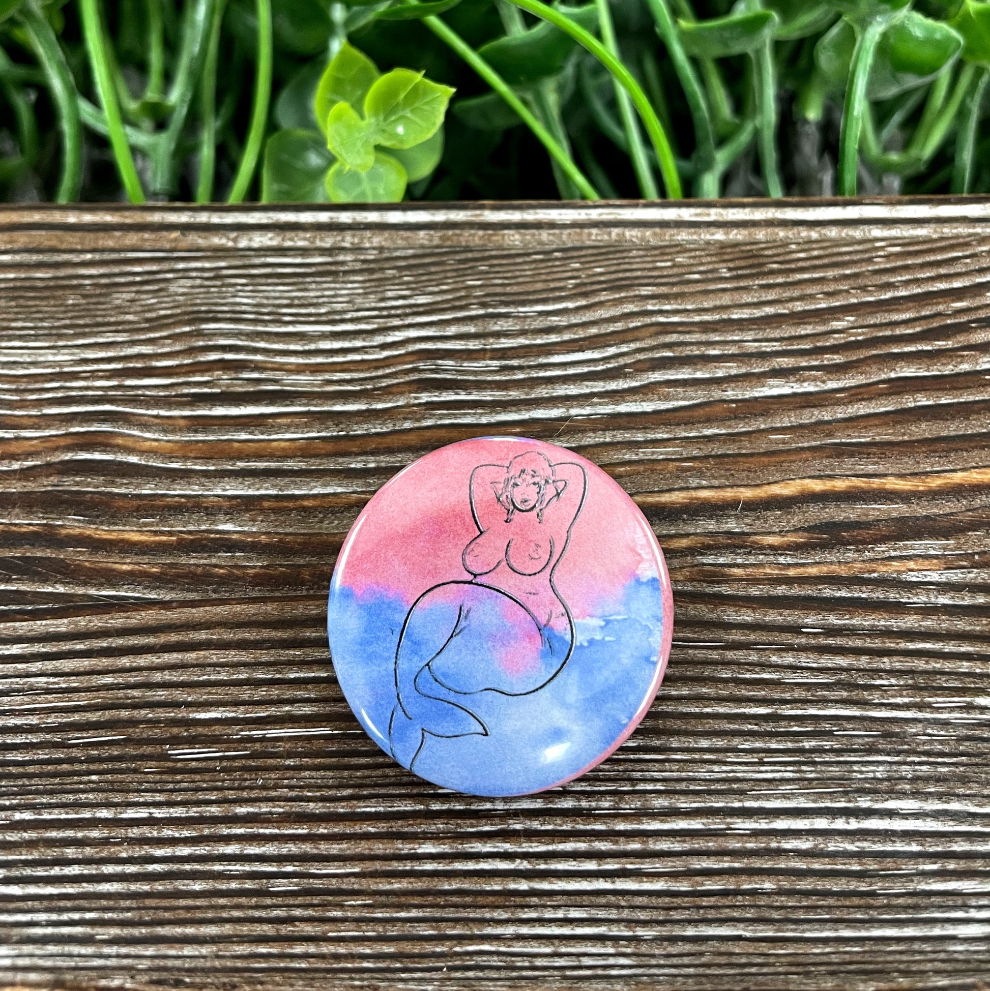 Watercolor Naked Mermaid Graphic Art Button / Pin 1.25” - Handmade by Marlayna