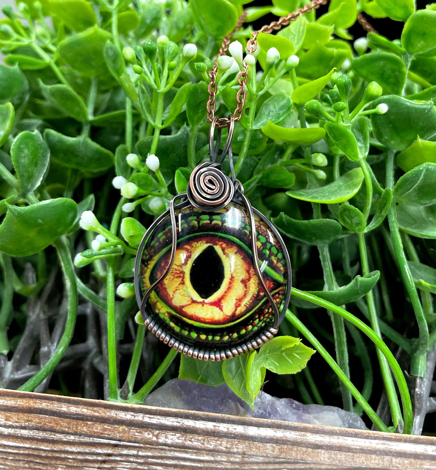 Wire Wrapped Graphic Art Dragon Eye Glass Pendant - Handmade by Marlayna