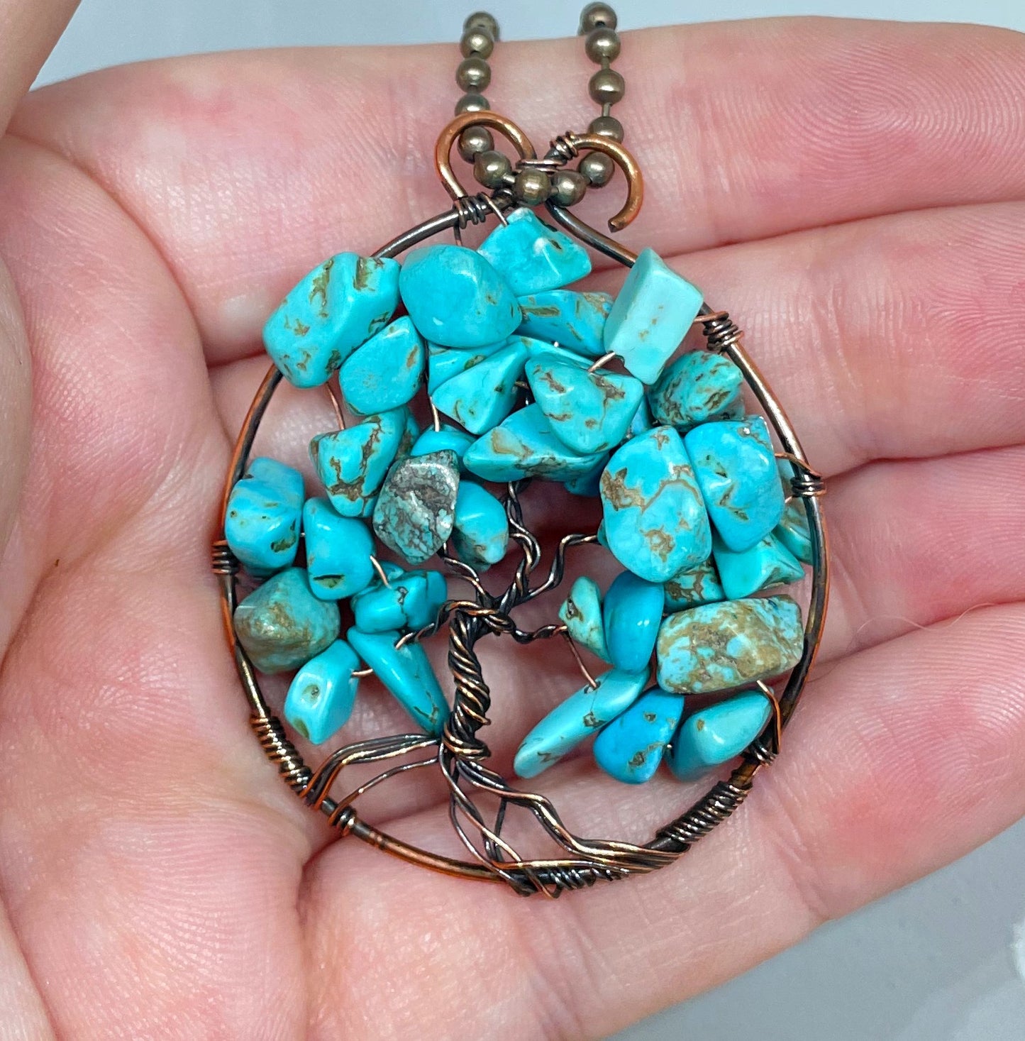 Wire Wrapped Tree of Life Pendant with Imitation Turquoise Gemstones - Handmade by Marlayna