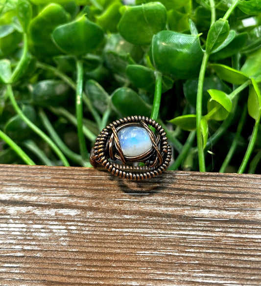 Moonstone Cabochon Wire Wrapped Ring Size 5 - Handmade by Marlayna