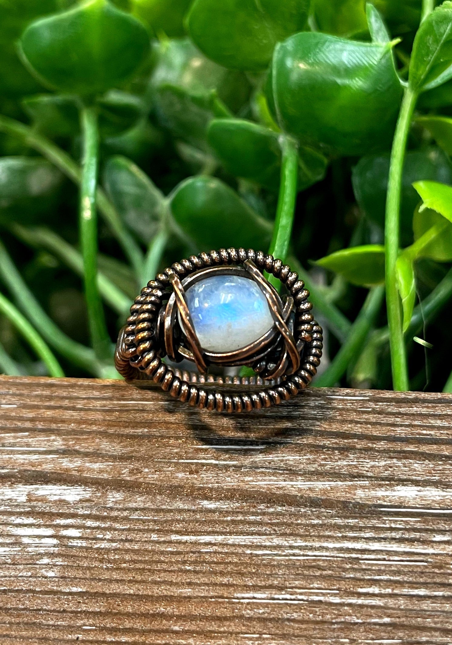 Moonstone Cabochon Wire Wrapped Ring Size 5 - Handmade by Marlayna