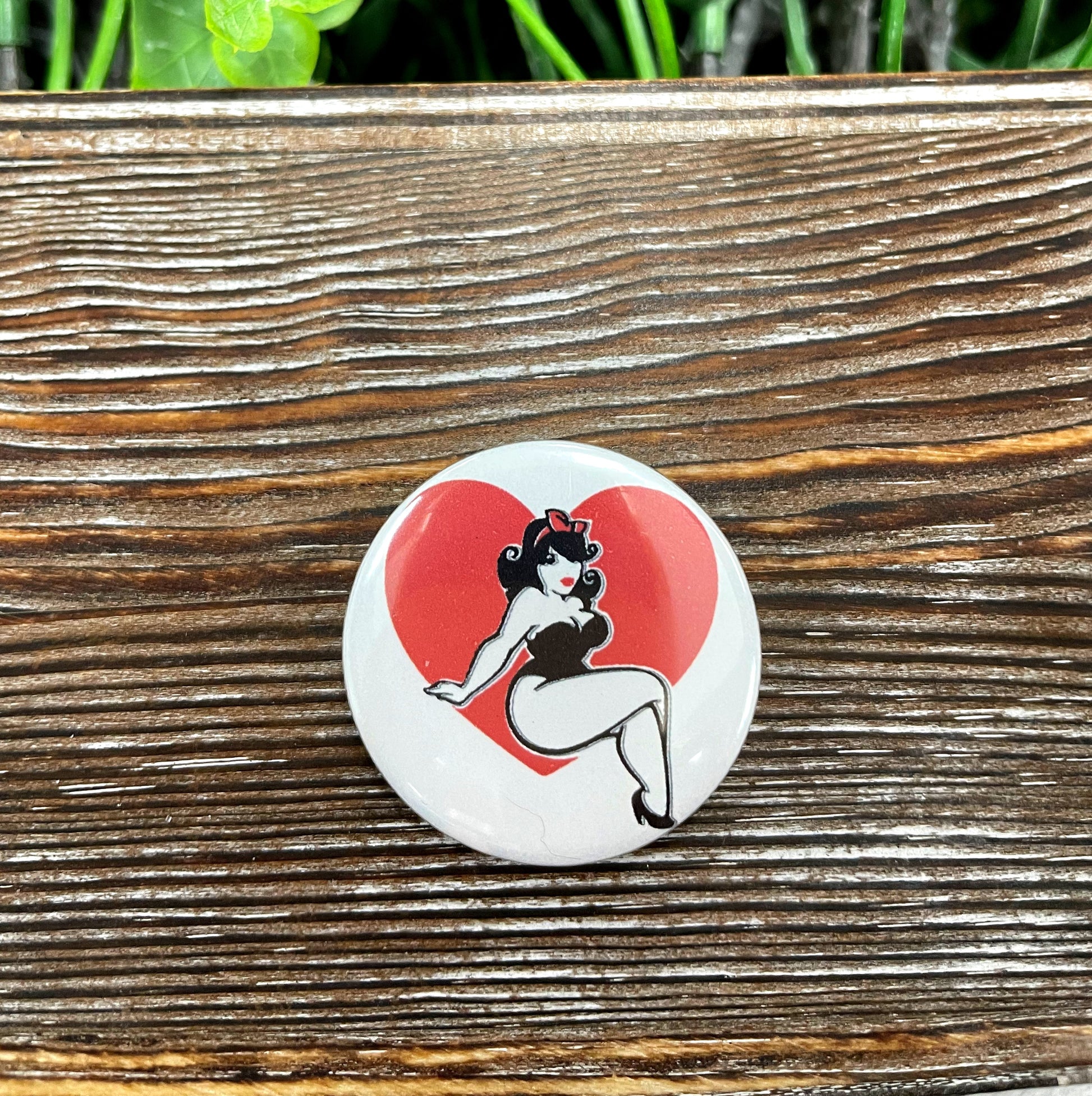 Woman Pinup Heart Graphic Art Button / Pin 1.25” - Handmade by Marlayna