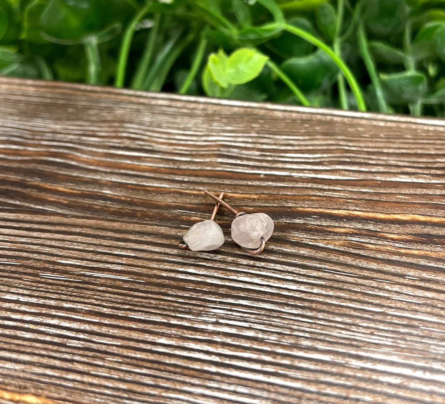 Rose Quartz Gemstone Chip Copper Stud Earrings - Handmade by Marlayna