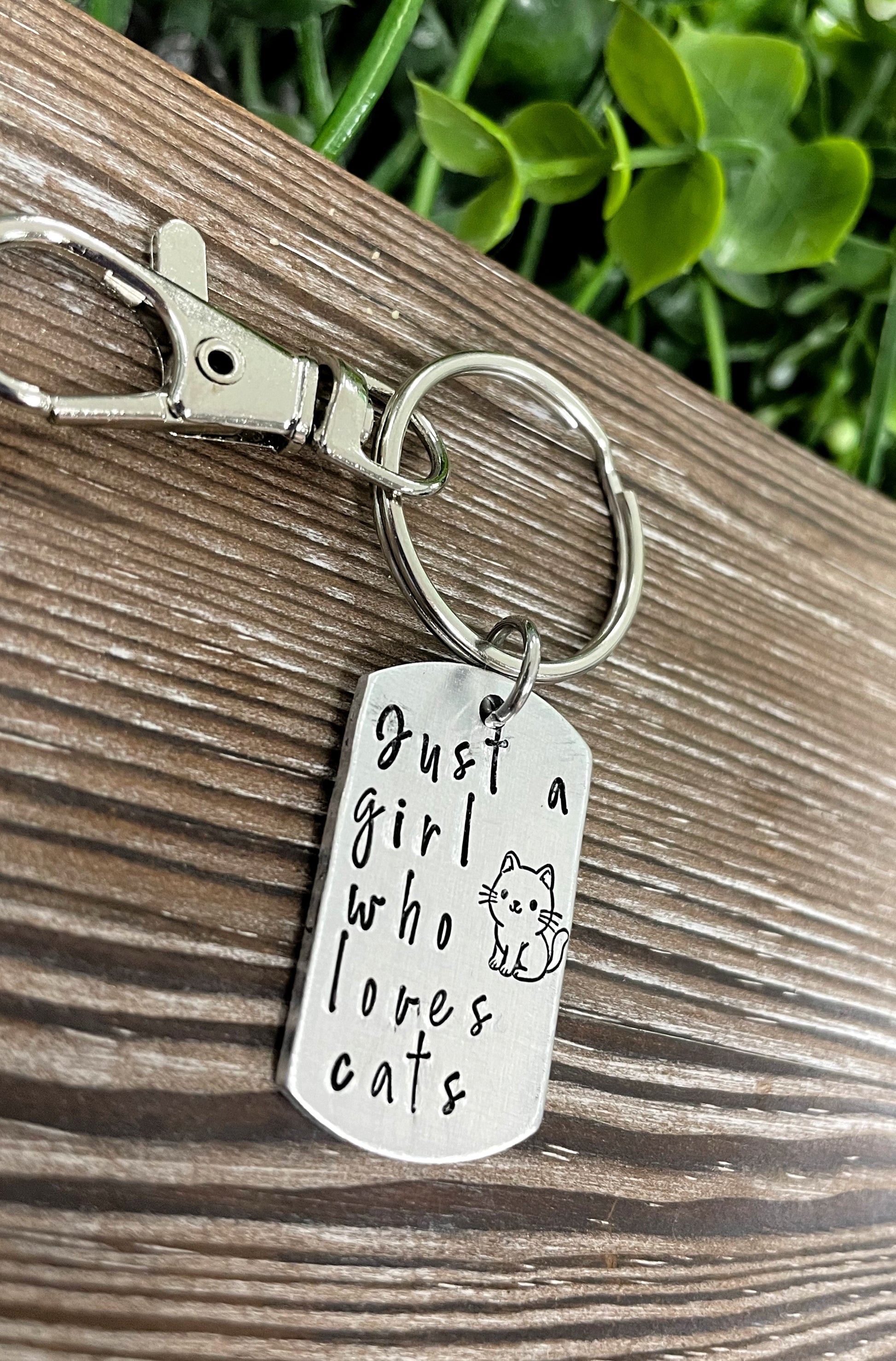 Just a Girl Who Loves Cats Fun Animal Themed Hand Stamped Key Chain - Handmade by Marlayna