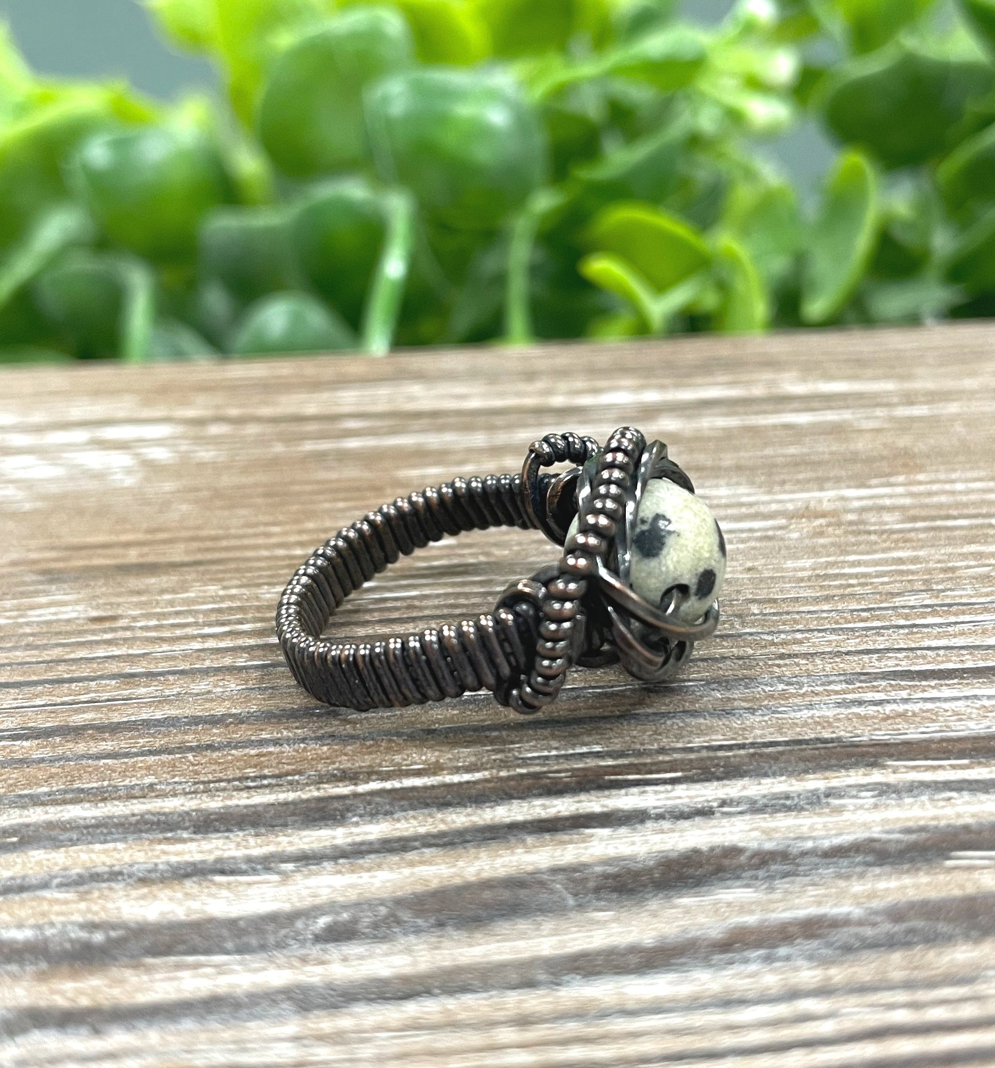 Dalmatian Jasper Wire Wrapped Ring - Handmade by Marlayna