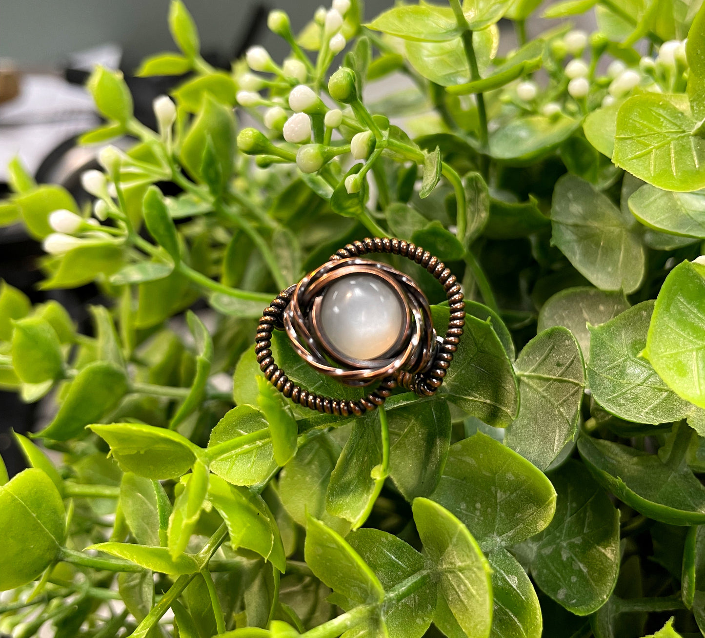 Moonstone Cabochon Wire Wrapped Ring Size 6 - Handmade by Marlayna