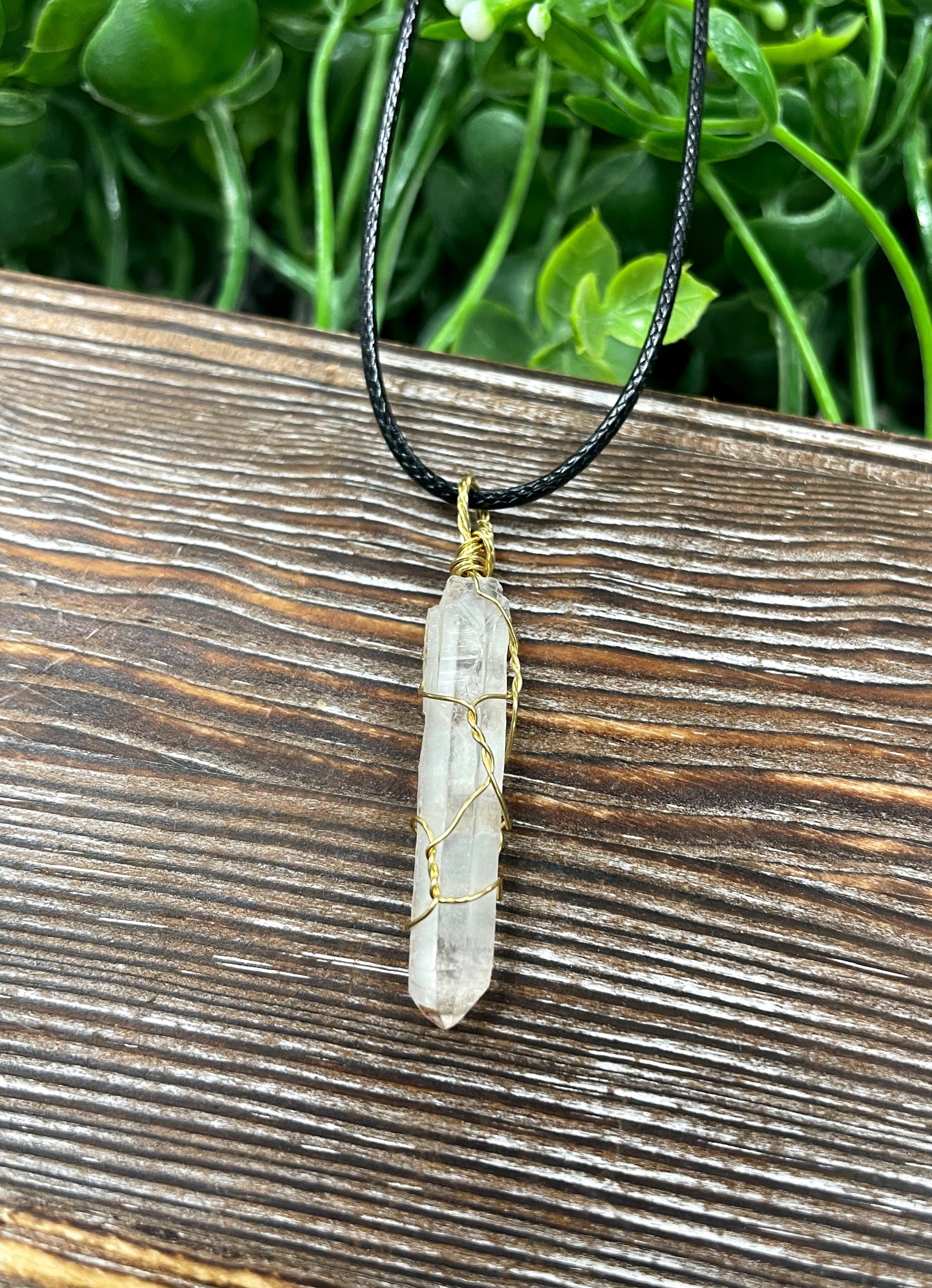 Wire Wrapped Clear Quartz Crystal Gemstone Pendant w/ Brass Wire - Handmade by Marlayna