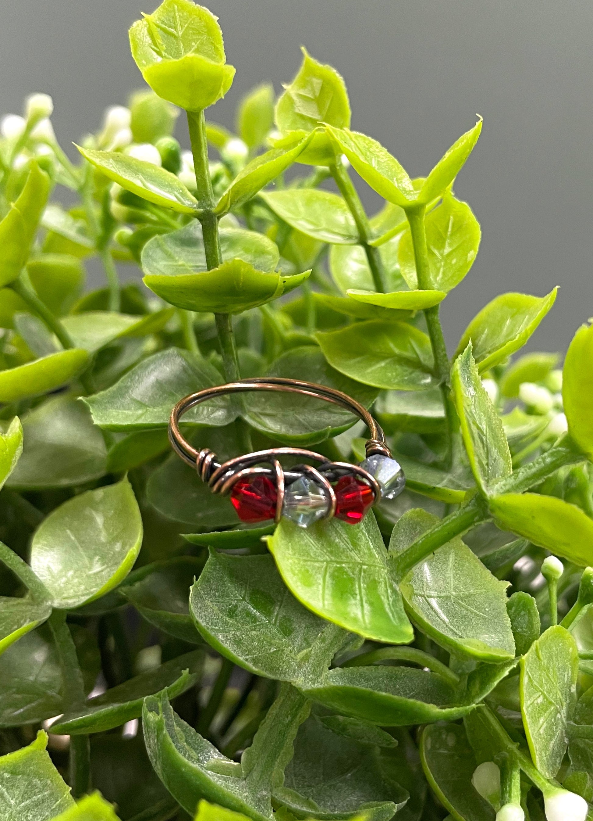 Red and Grey Glass Crystal Wire Wrapped Ring - Handmade by Marlayna