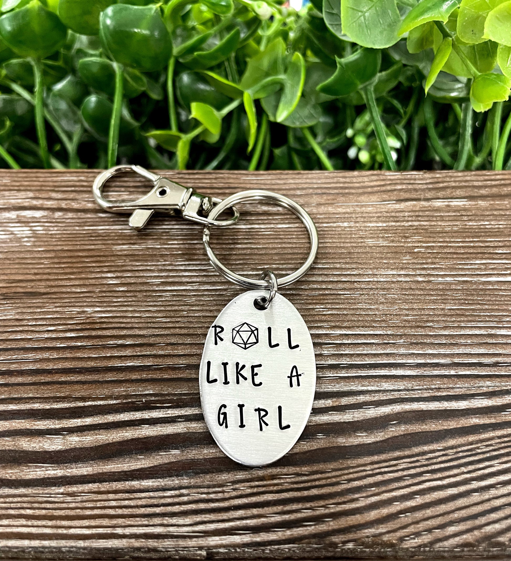 Roll Like A Girl Gamer Dice Themed Hand Stamped Key Chain - Handmade by Marlayna