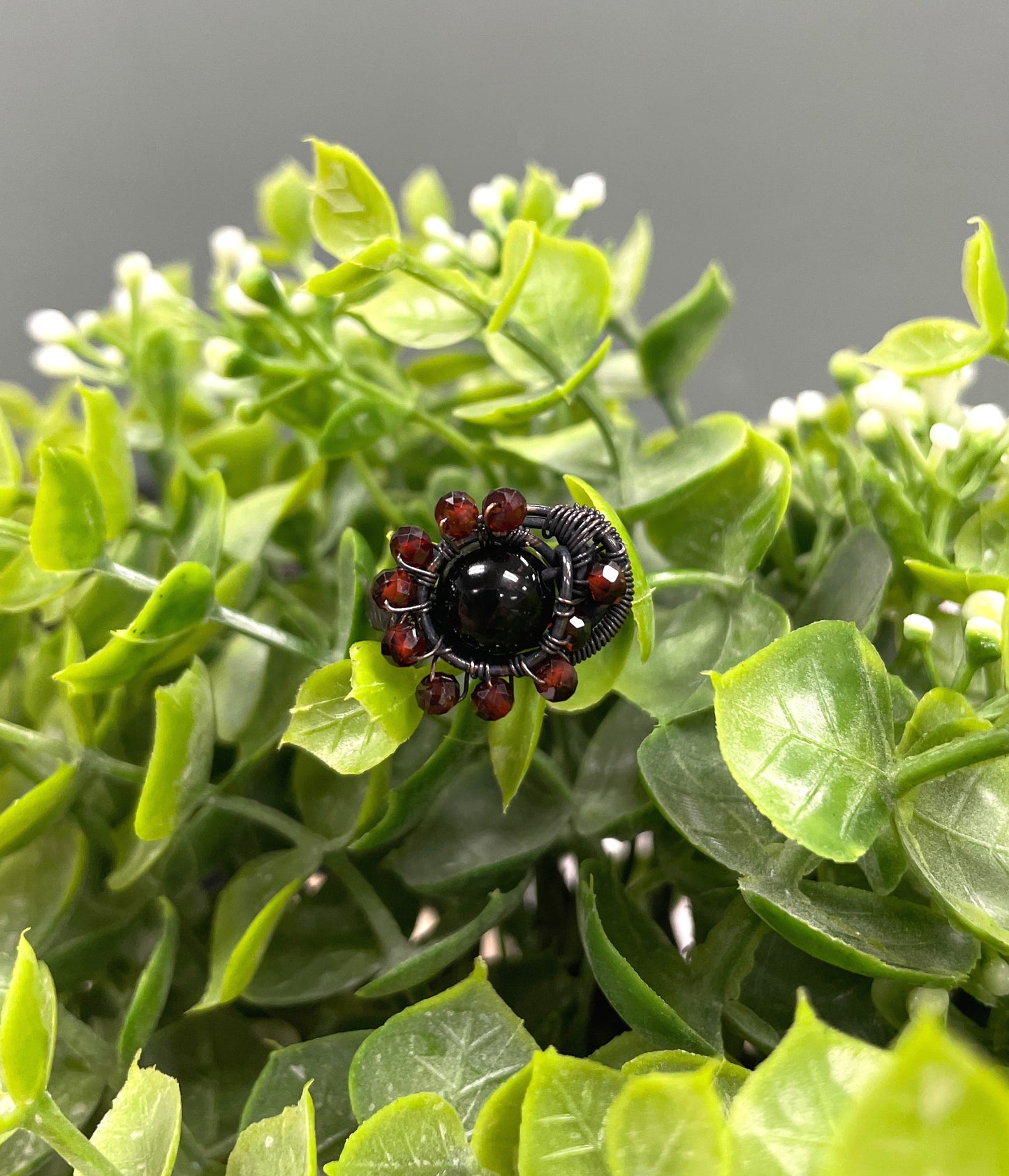 Onyx Gemstone w/ Garnet Beads Wire Wrapped Ring - Handmade by Marlayna