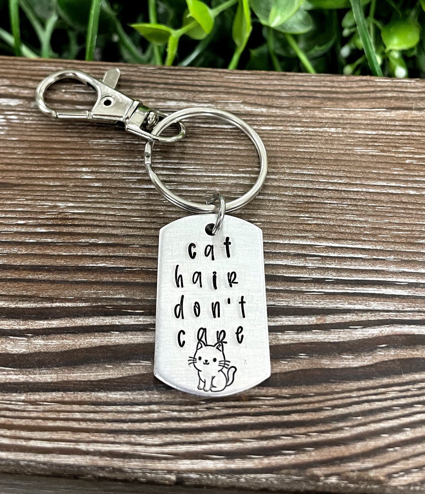 Cat Hair Don’t Care Fun Animal Themed Hand Stamped Key Chain - Handmade by Marlayna