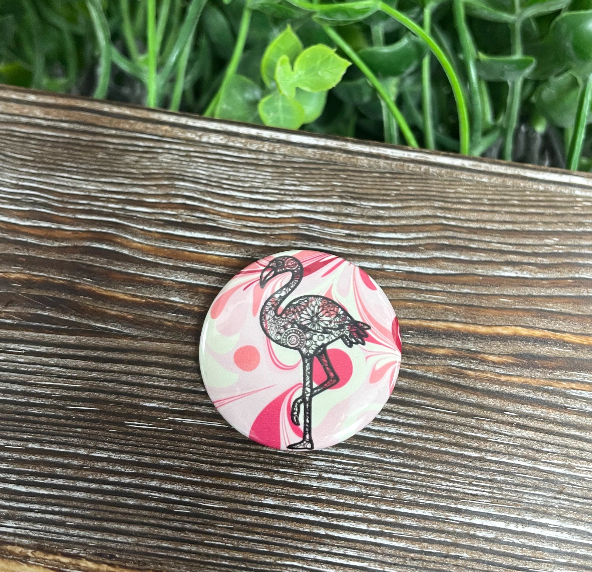 Mandala Flamingo, Graphic Art Button / Pin 1.25” , Pink and Cream Swirl - Handmade by Marlayna