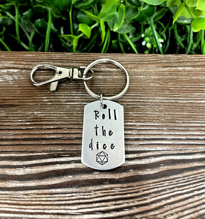 Roll the Dice Chance Gamer Dice Themed Hand Stamped Key Chain - Handmade by Marlayna