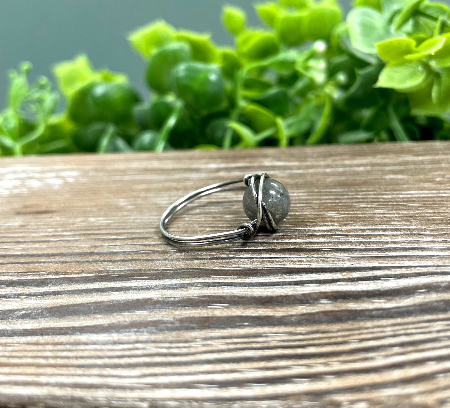 Labradorite Gemstone Wire Wrapped Ring w/ Sterling Silver Wire - Handmade by Marlayna