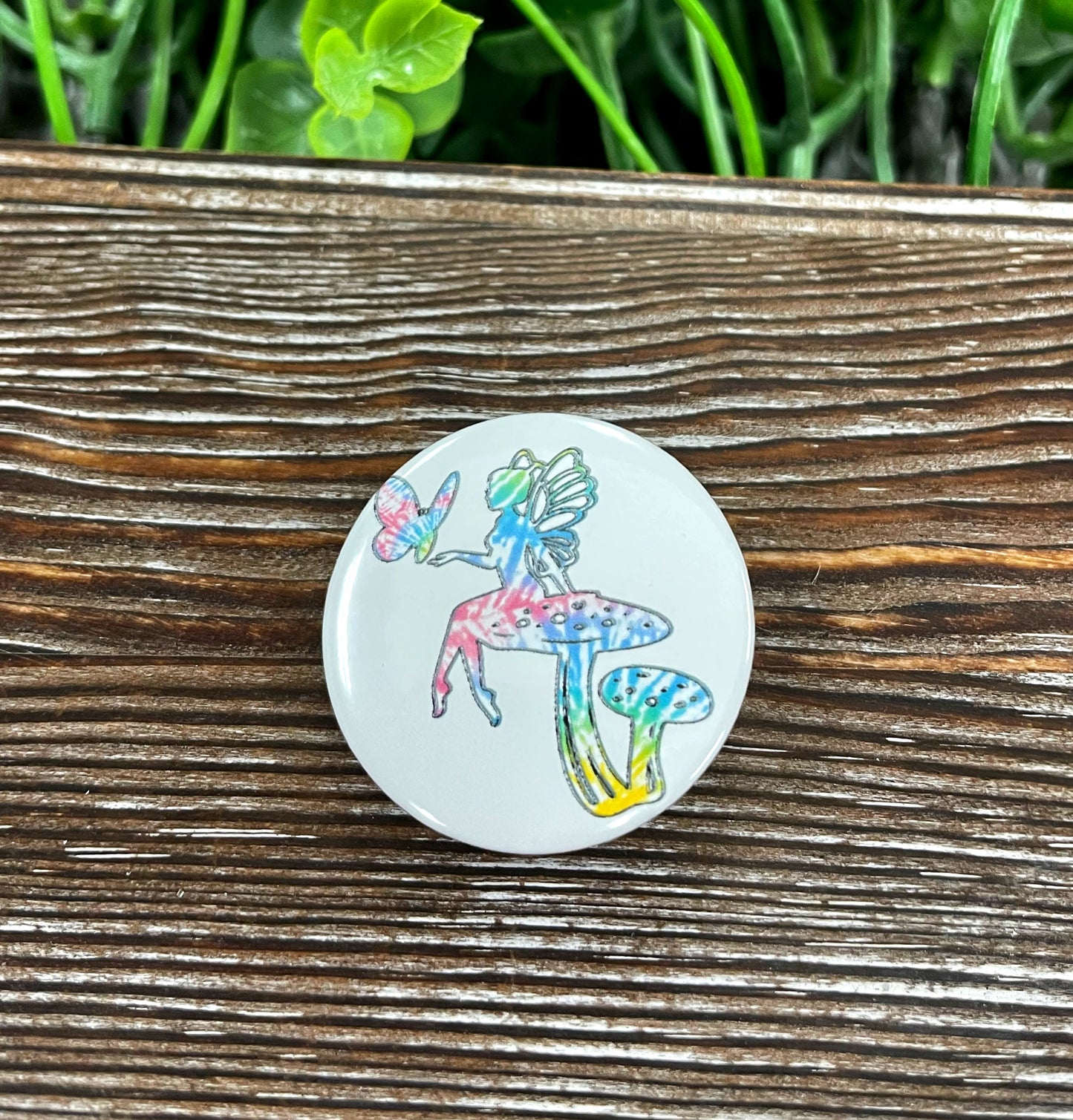 Tie Dye Fairy Mushroom Graphic Art Button / Pin 1.25” - Handmade by Marlayna