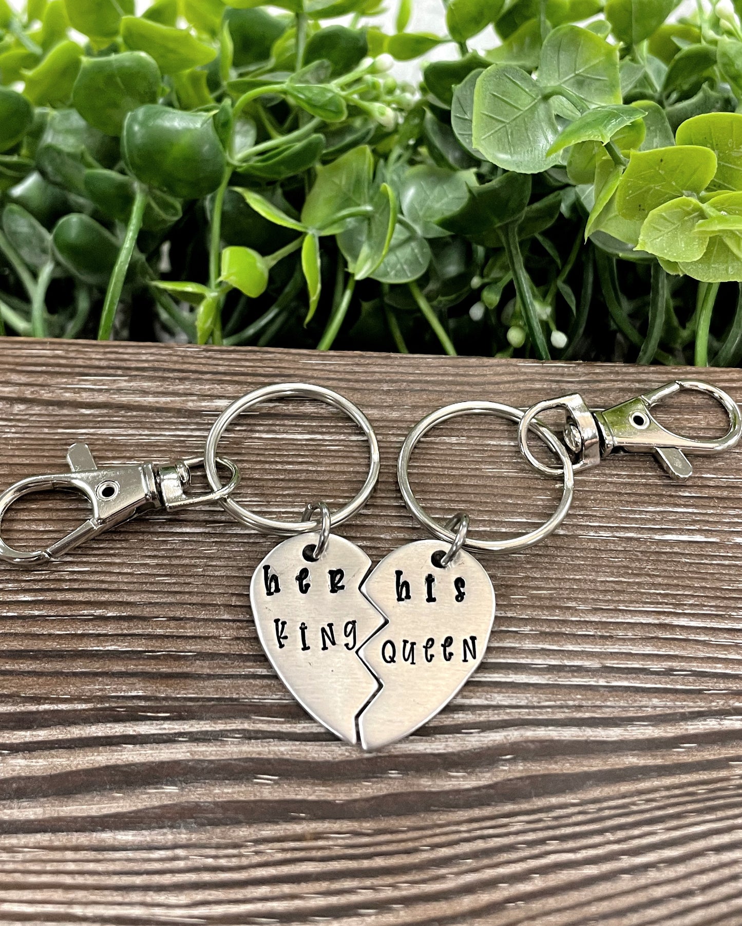 Her King His Queen Hand Stamped Key Chain Set Boyfriend Gift Valentines Day - Handmade by Marlayna