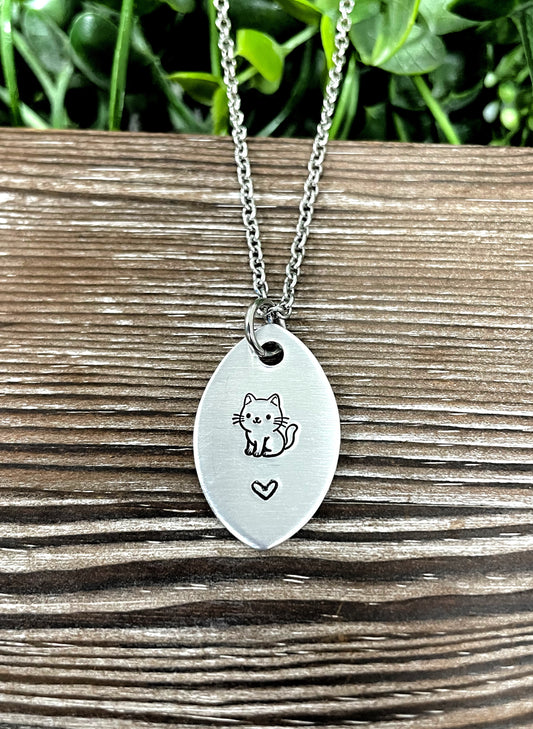 Cute Cat Heart Fun Animal Themed Hand Stamped Necklace - Handmade by Marlayna