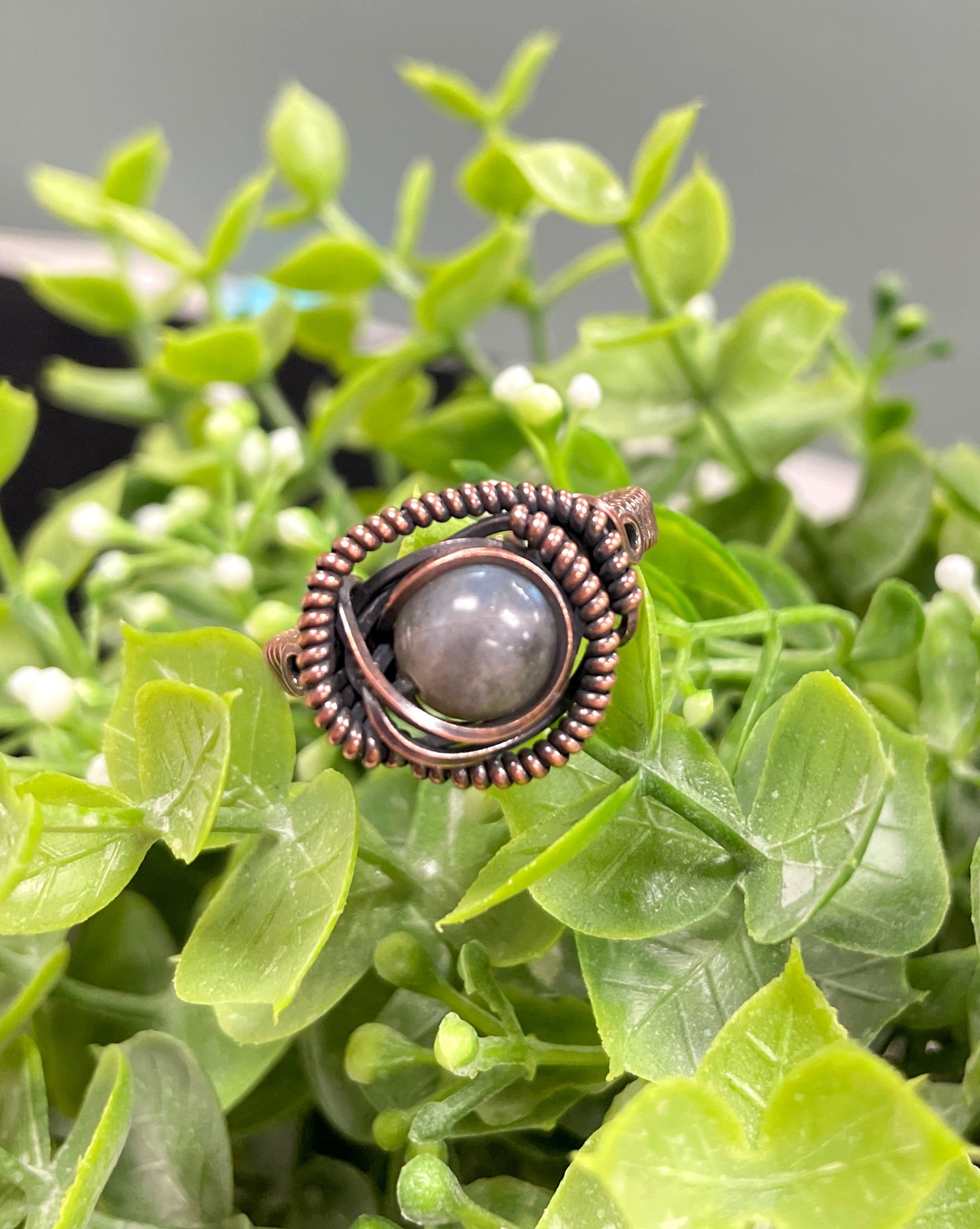 Labradorite Gemstone Wire Wrapped Ring, Copper Coils - Handmade by Marlayna