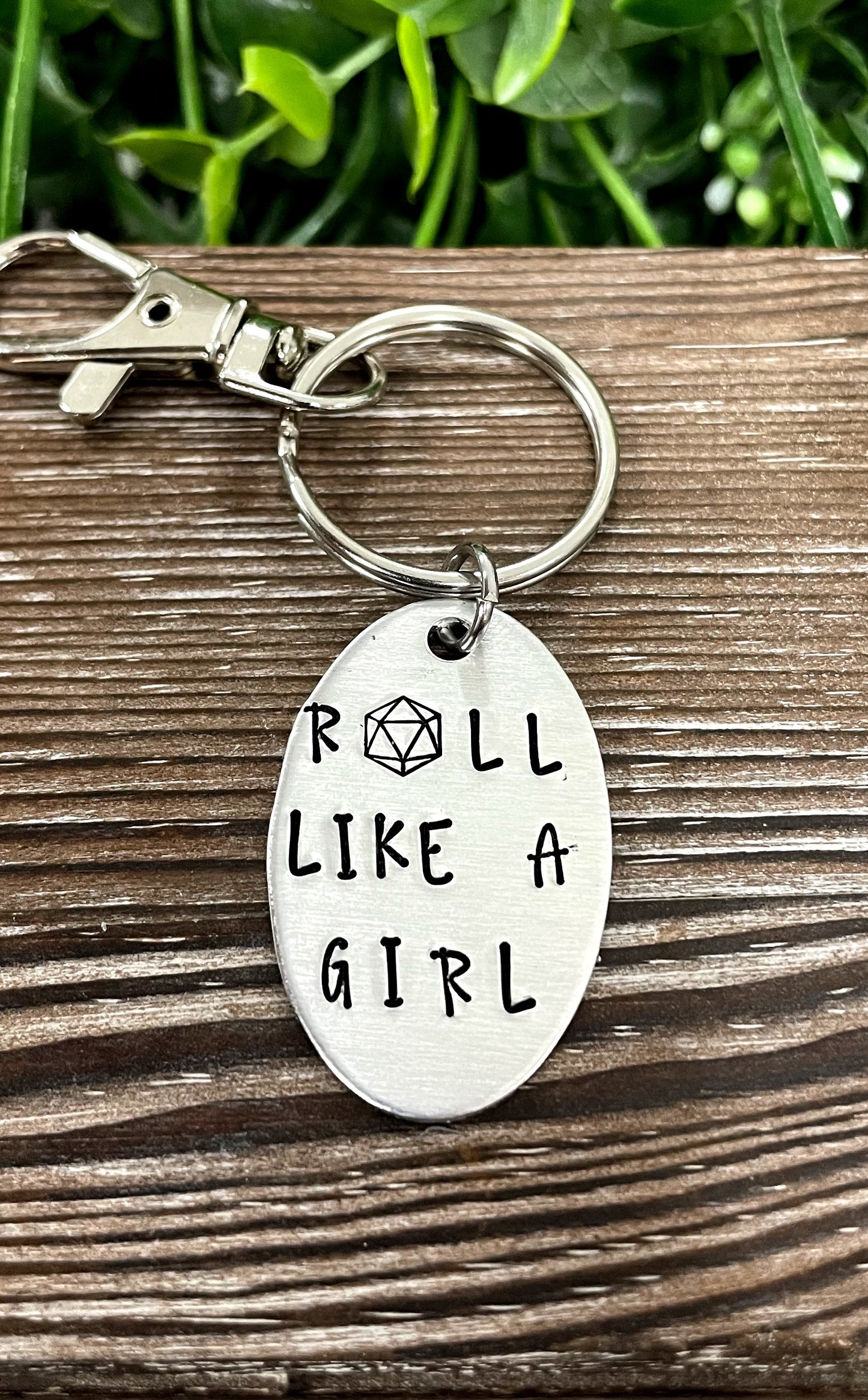 Roll Like A Girl Gamer Dice Themed Hand Stamped Key Chain - Handmade by Marlayna