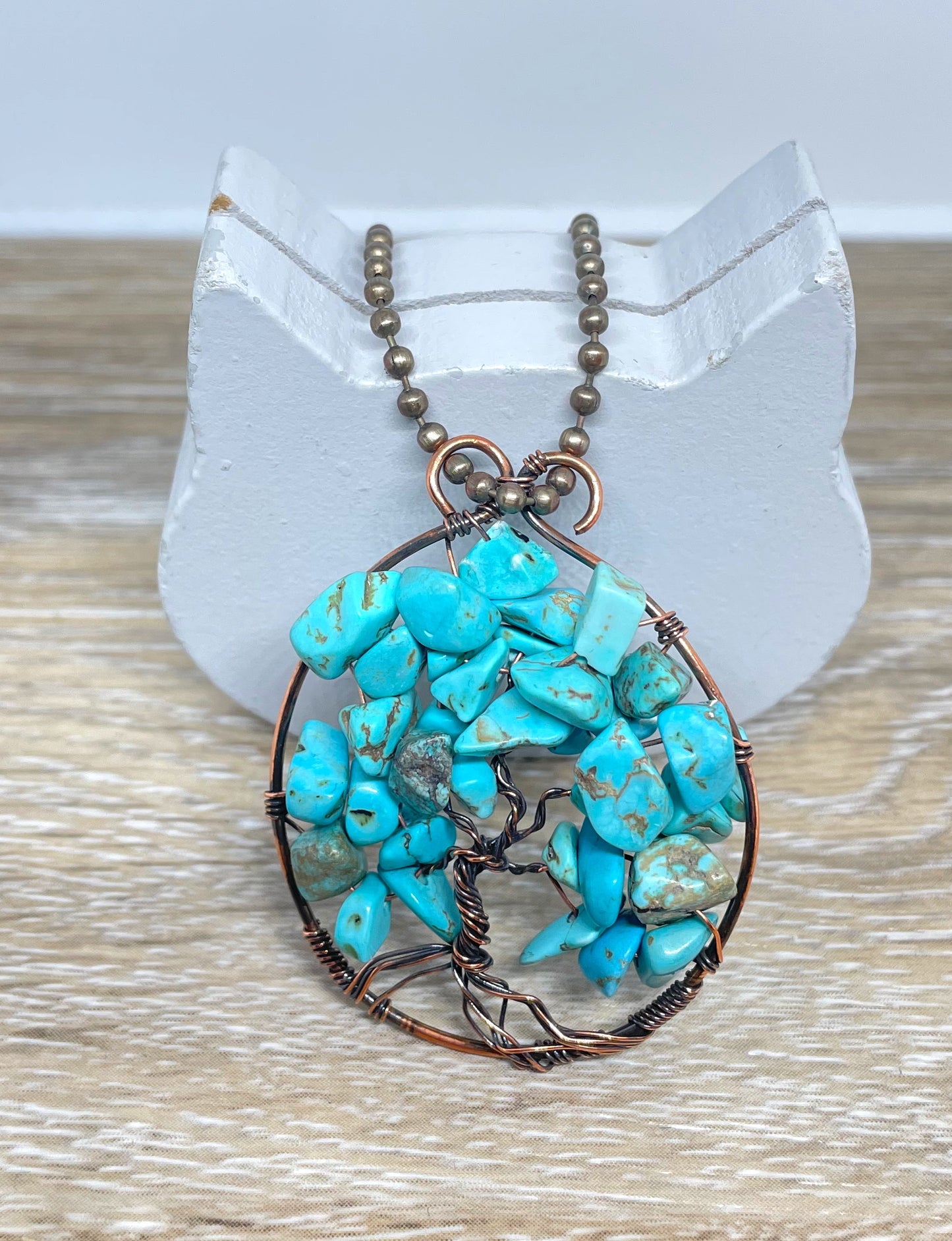 Wire Wrapped Tree of Life Pendant with Imitation Turquoise Gemstones - Handmade by Marlayna