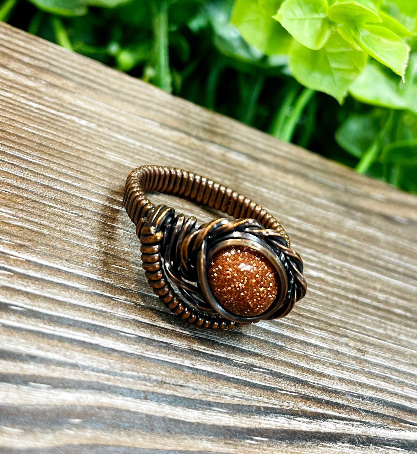 Goldstone Cabochon Wire Wrapped Ring Size 9 - Handmade by Marlayna