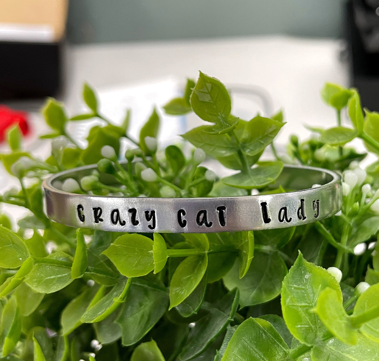 Hand Stamped Cuff Bracelet Crazy Cat Lady - Can be d - Handmade by Marlayna