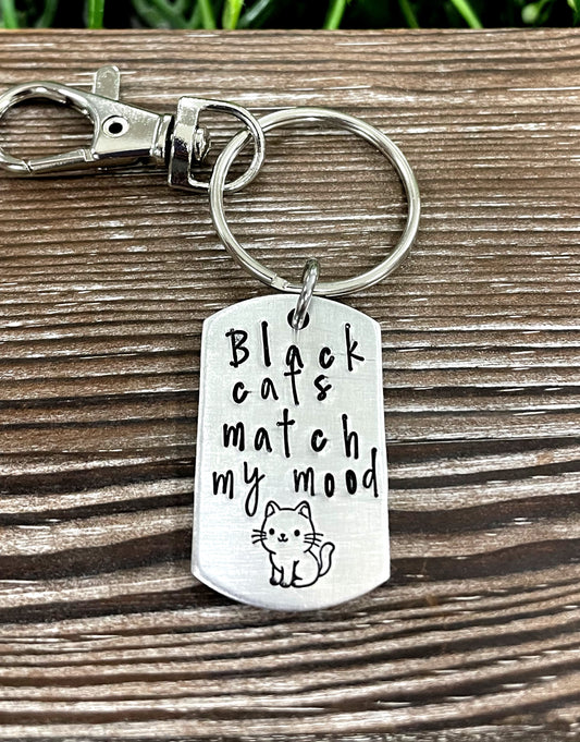 Black Cats Match my Mood Fun Animal Themed Hand Stamped Key Chain - Handmade by Marlayna