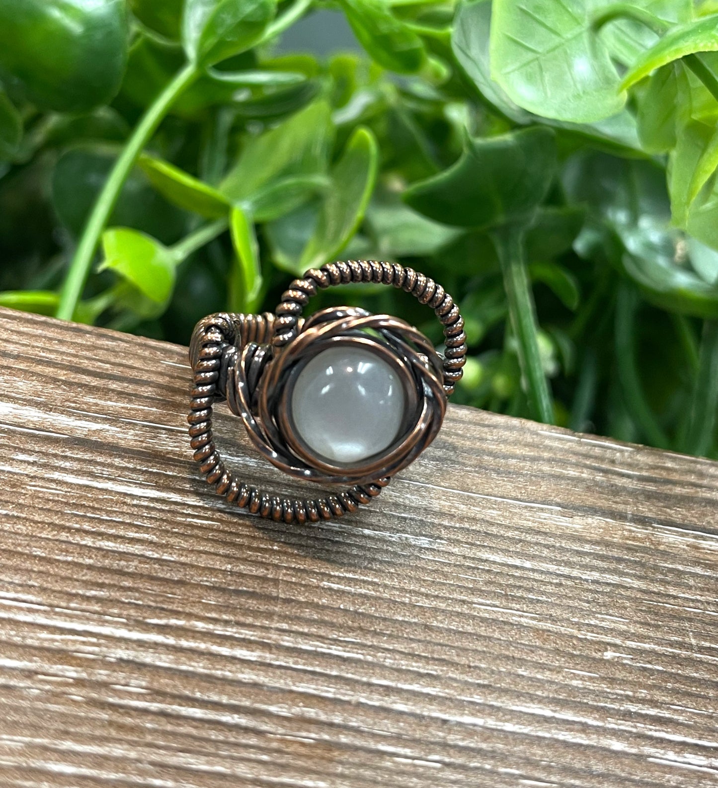 Moonstone Cabochon Wire Wrapped Ring Size 6 - Handmade by Marlayna