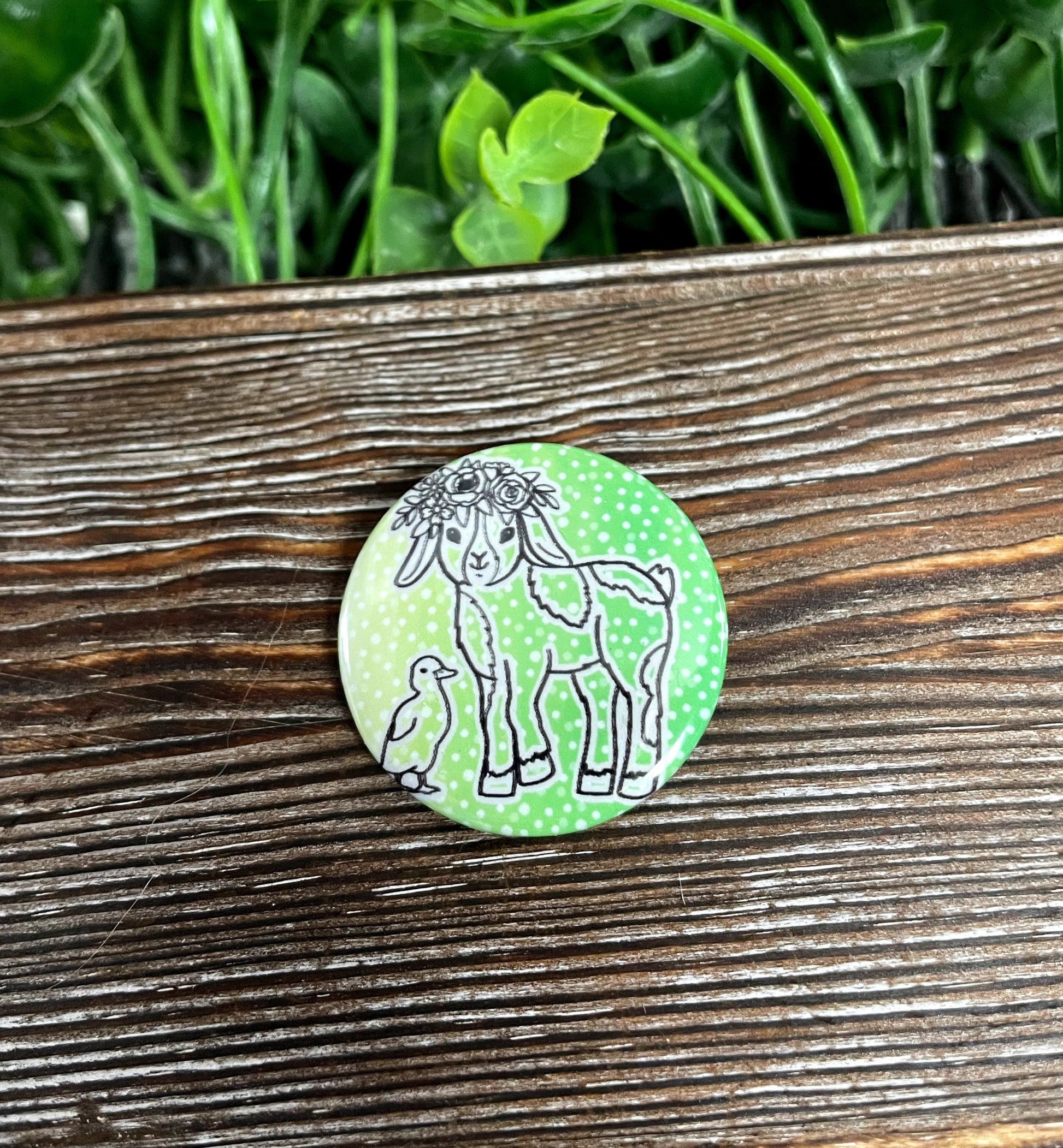 Goat w/ Flower Crown and Duck, Graphic Art Button / Pin 1.25” , Polka Dots - Handmade by Marlayna