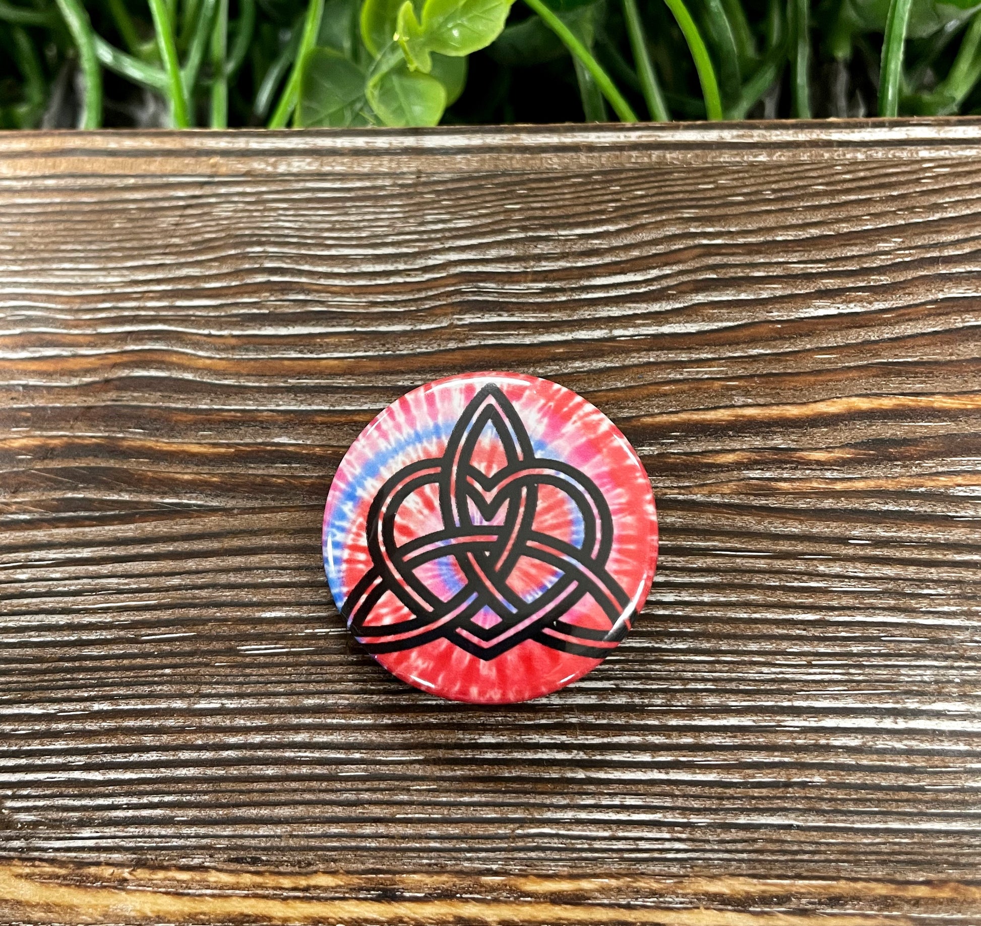 Red and Blue Tie Dye, Triquetra Graphic Art Button / Pin 1.25” - Handmade by Marlayna