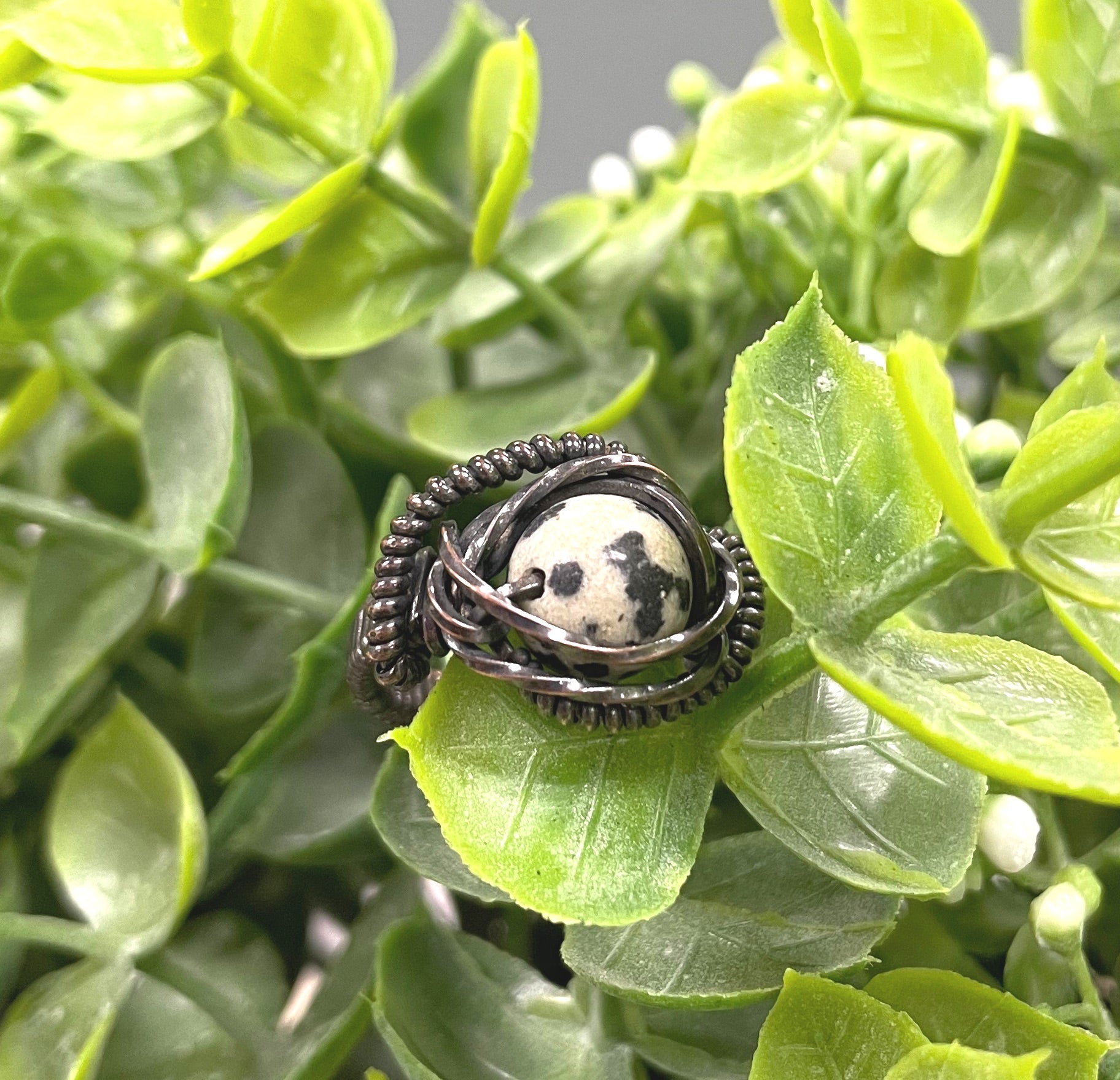 Dalmatian Jasper Wire Wrapped Ring - Handmade by Marlayna