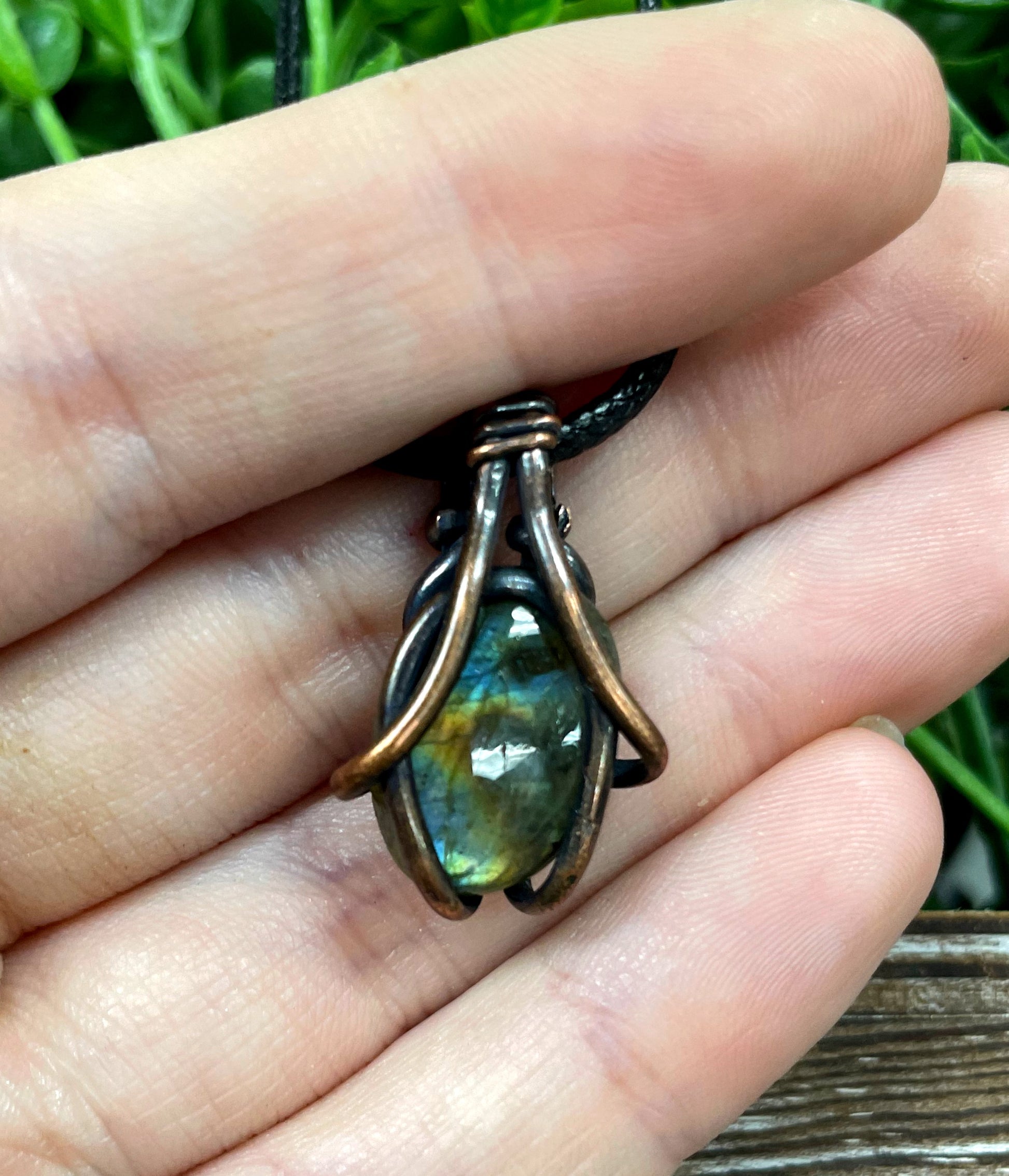 Mini Wire Wrapped Labradorite Gemstone Pendant, Simple Style - Handmade by Marlayna