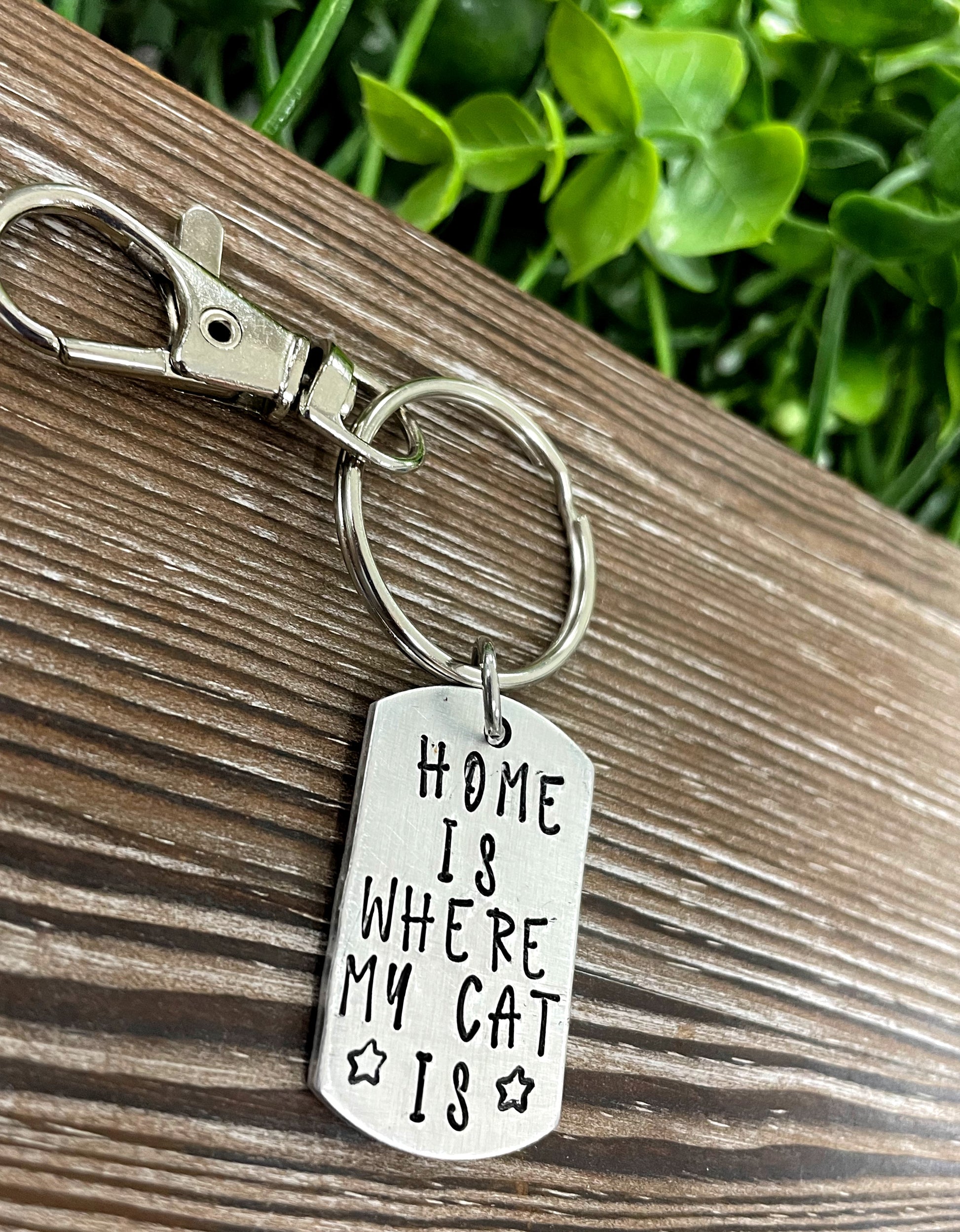 Home is where my cat is, Fun Animal Themed Hand Stamped Key Chain - Handmade by Marlayna