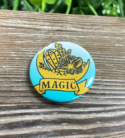 Magic Crescent Moon and Crystals, Graphic Art Button / Pin 1.25” , Blue and Gold - Handmade by Marlayna