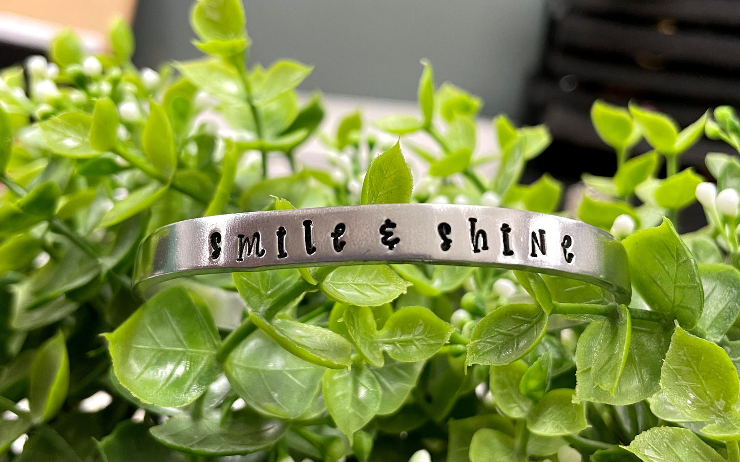 Hand Stamped Cuff Bracelet Smile and Shine - Can be d - Handmade by Marlayna