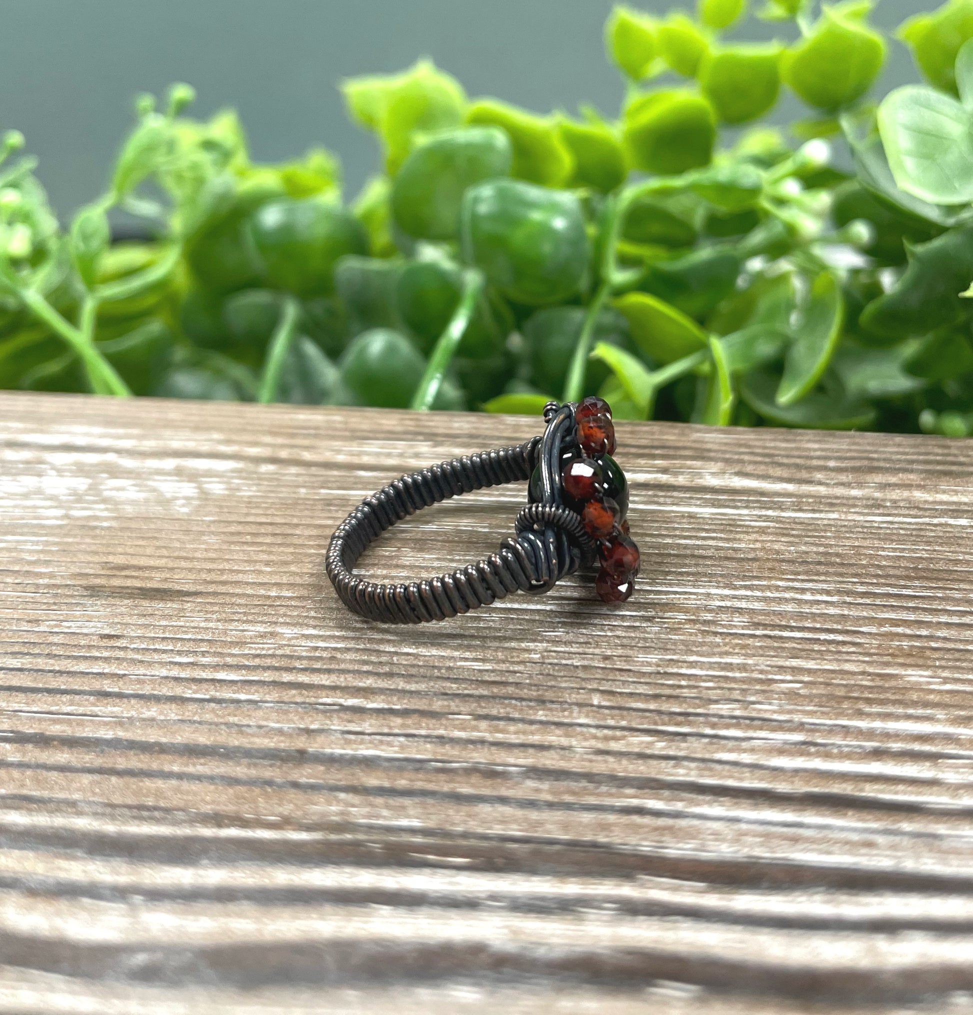 Onyx Gemstone w/ Garnet Beads Wire Wrapped Ring - Handmade by Marlayna