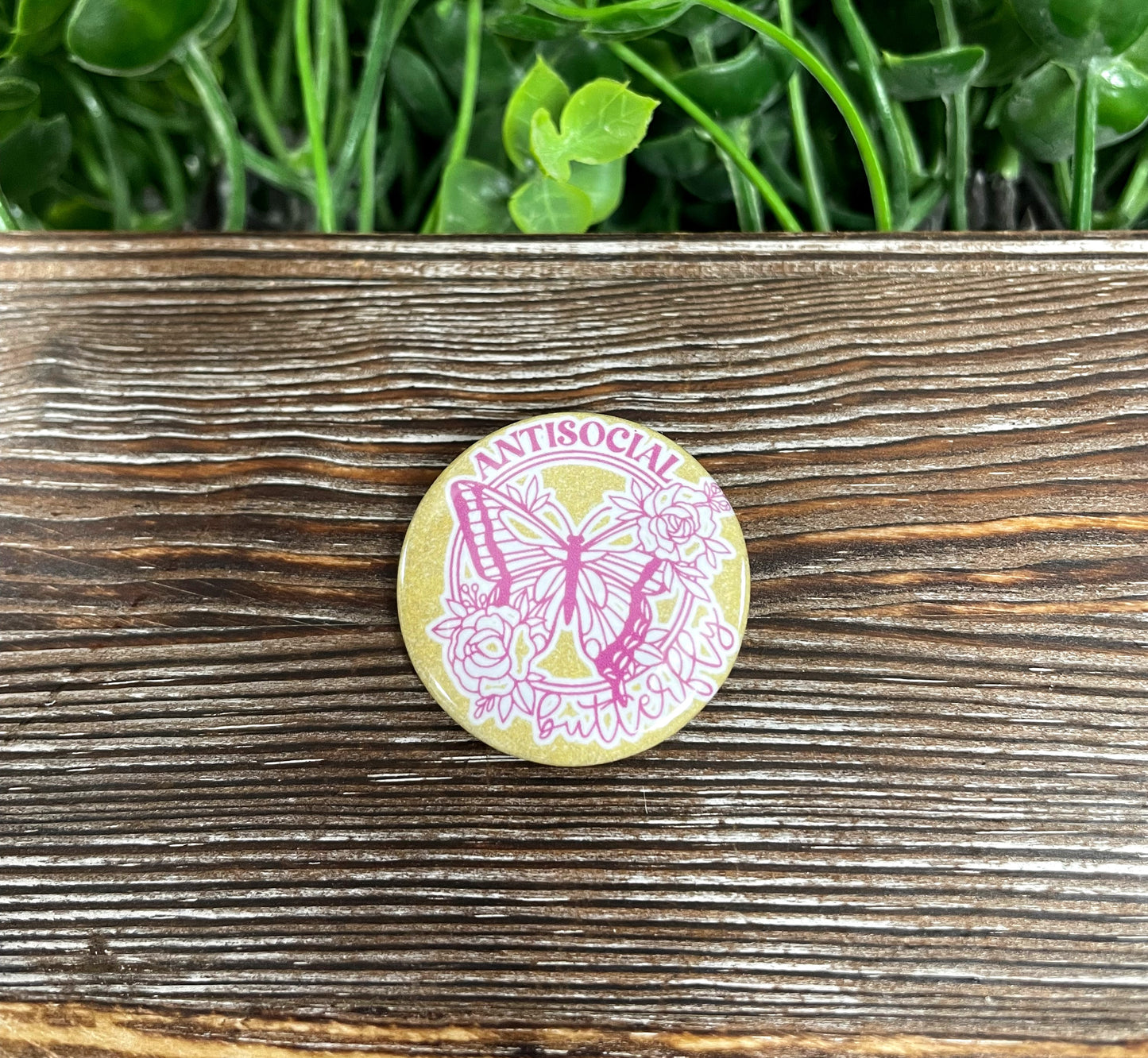 Antisocial Butterfly, Graphic Art Button / Pin 1.25” , Gold Glitter Background - Handmade by Marlayna