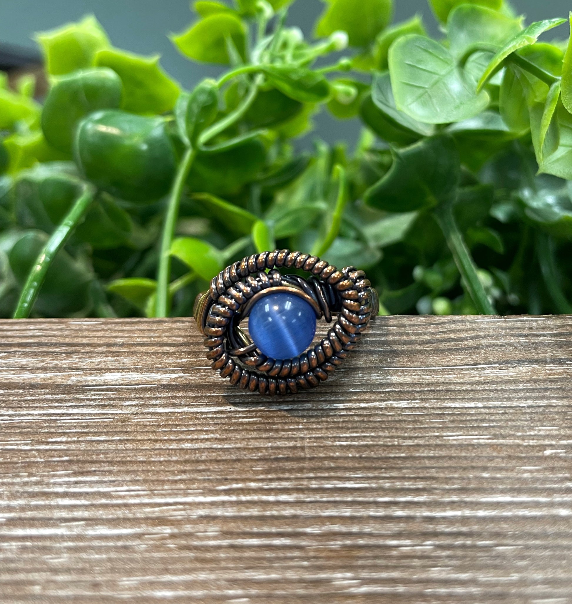 Blue Cats Eye Quartz Gemstone Wire Wrapped Ring - Handmade by Marlayna