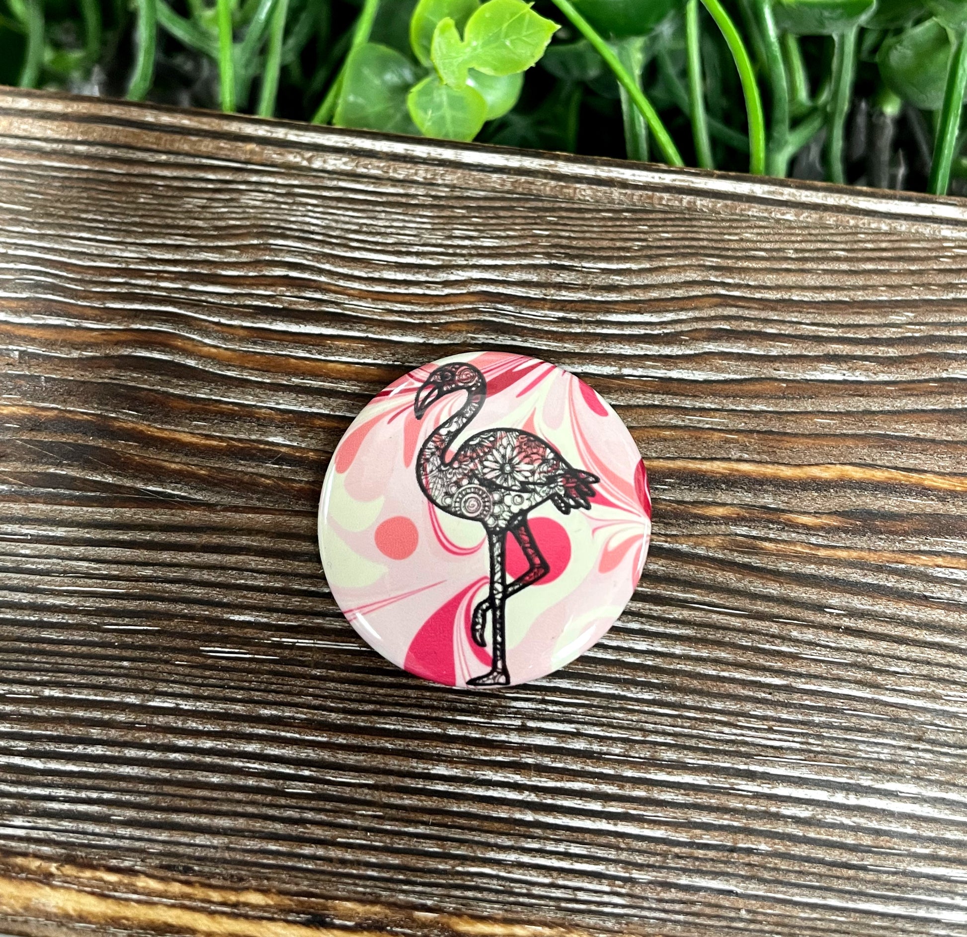 Mandala Flamingo, Graphic Art Button / Pin 1.25” , Pink and Cream Swirl - Handmade by Marlayna