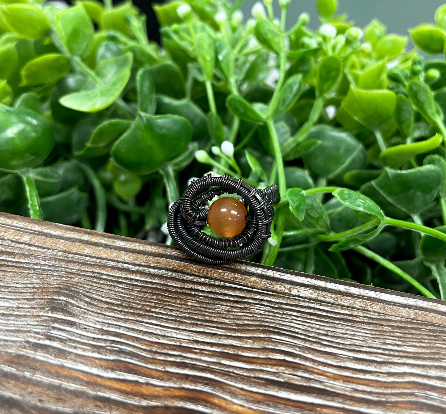 Orange Cats Eye Quartz Gemstone Wire Wrapped Ring - Handmade by Marlayna