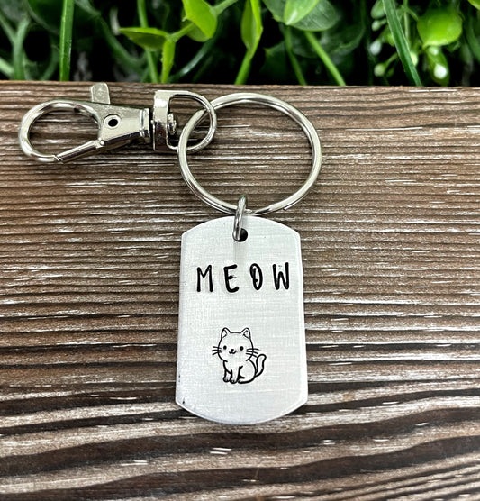 Meow Cat Fun Animal Themed Hand Stamped Key Chain - Handmade by Marlayna