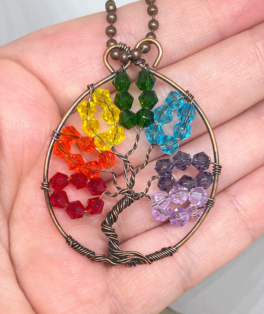 Wire Wrapped Rainbow Tree of Life Pendant with Glass Crystals - Handmade by Marlayna