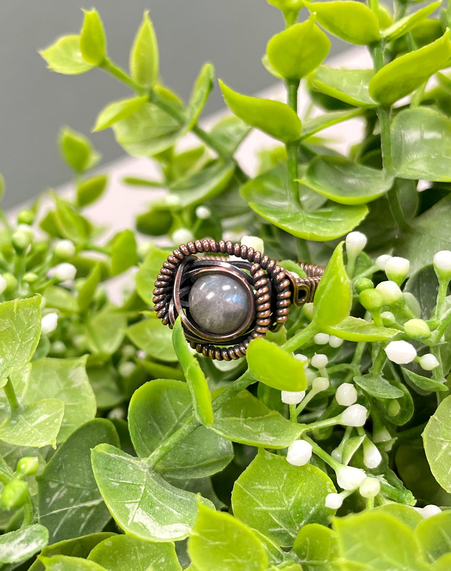 Labradorite Gemstone Wire Wrapped Ring, Copper Coils - Handmade by Marlayna