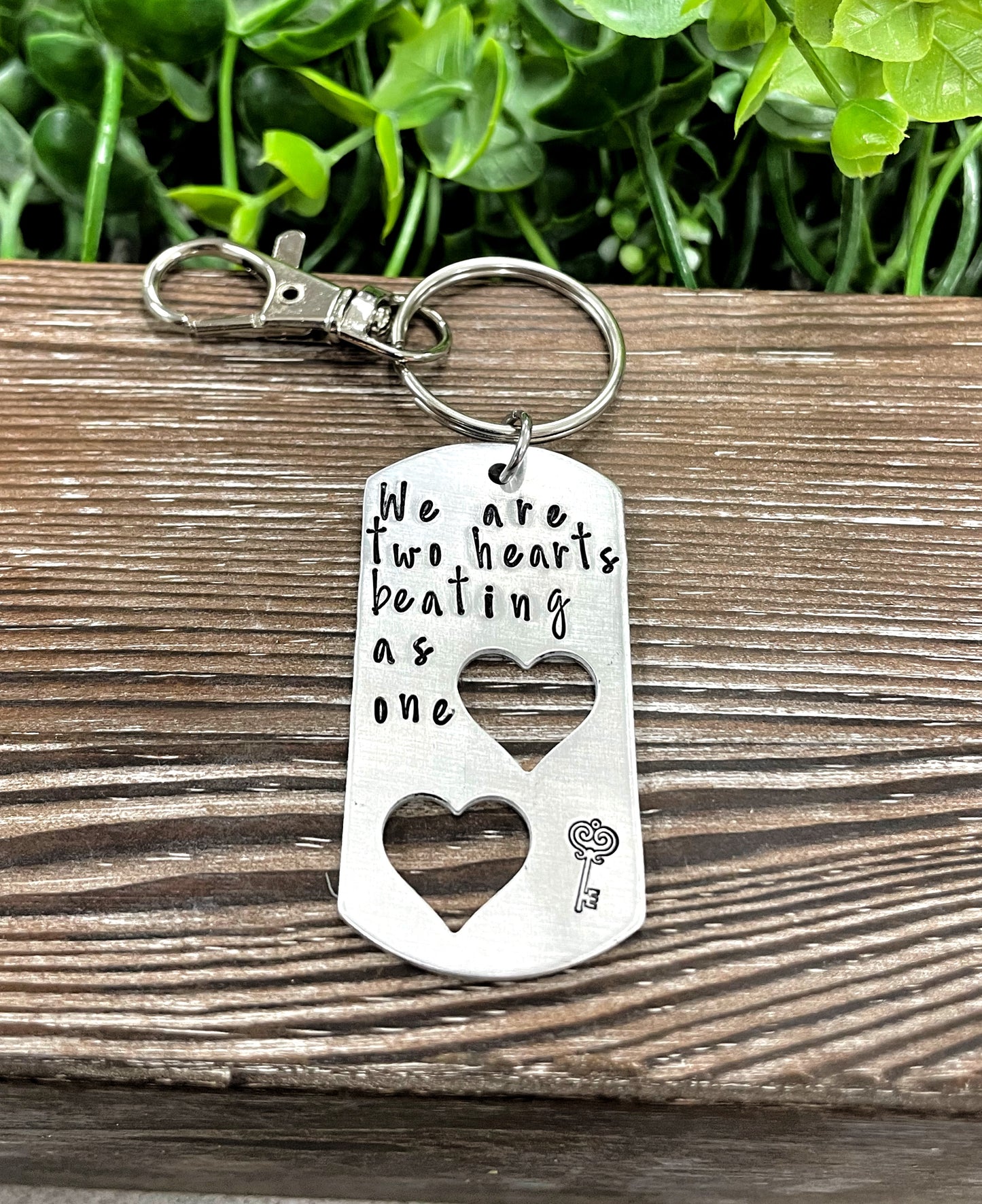 Two Hearts Beating as One Hand Stamped Key Chain Valentines Day Gift - Handmade by Marlayna