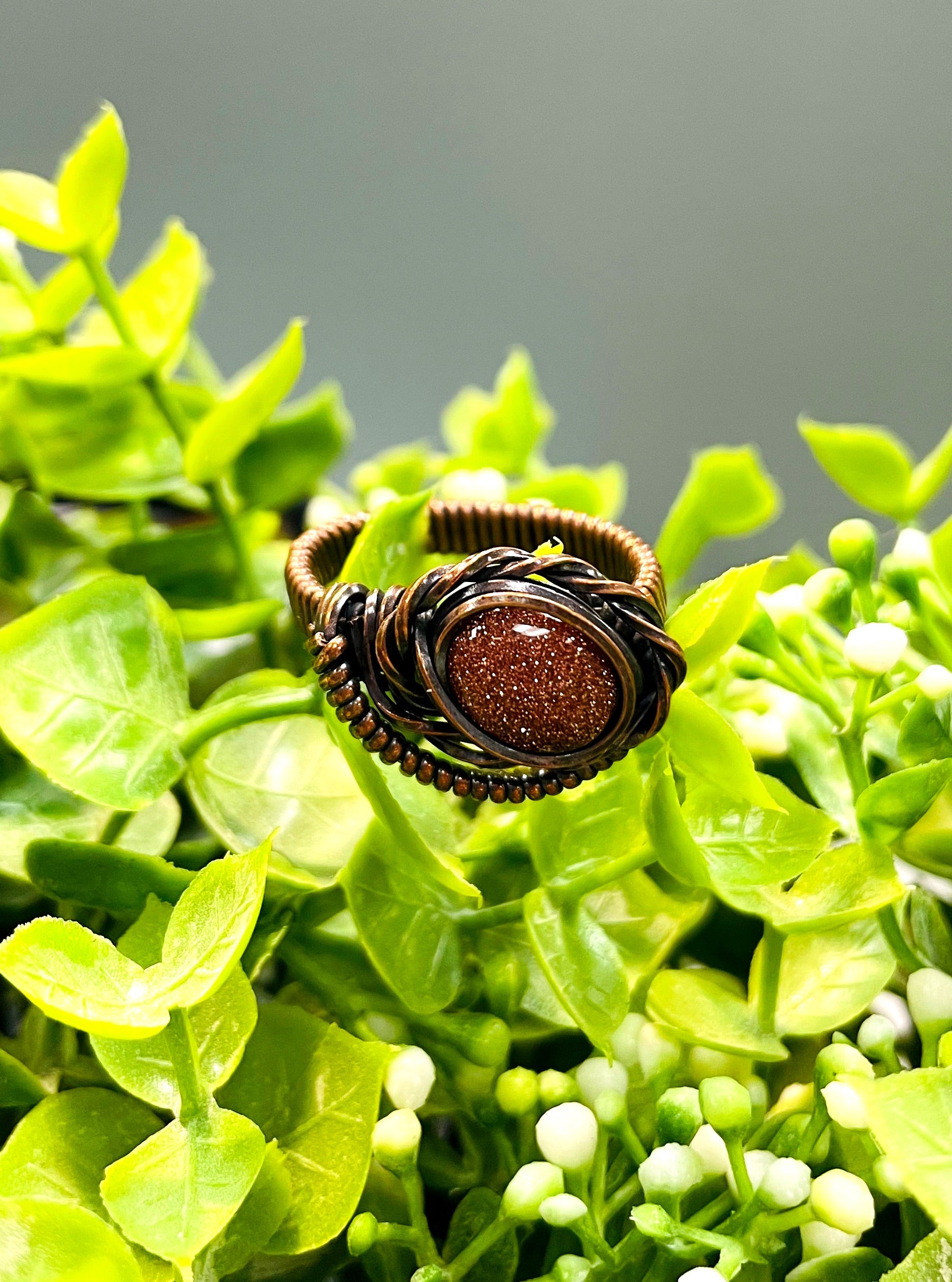 Goldstone Cabochon Wire Wrapped Ring Size 9 - Handmade by Marlayna