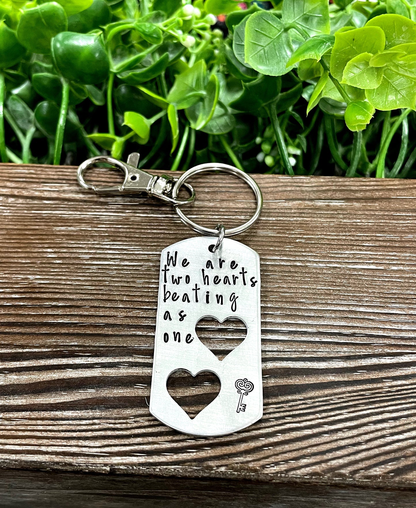 Two Hearts Beating as One Hand Stamped Key Chain Valentines Day Gift - Handmade by Marlayna