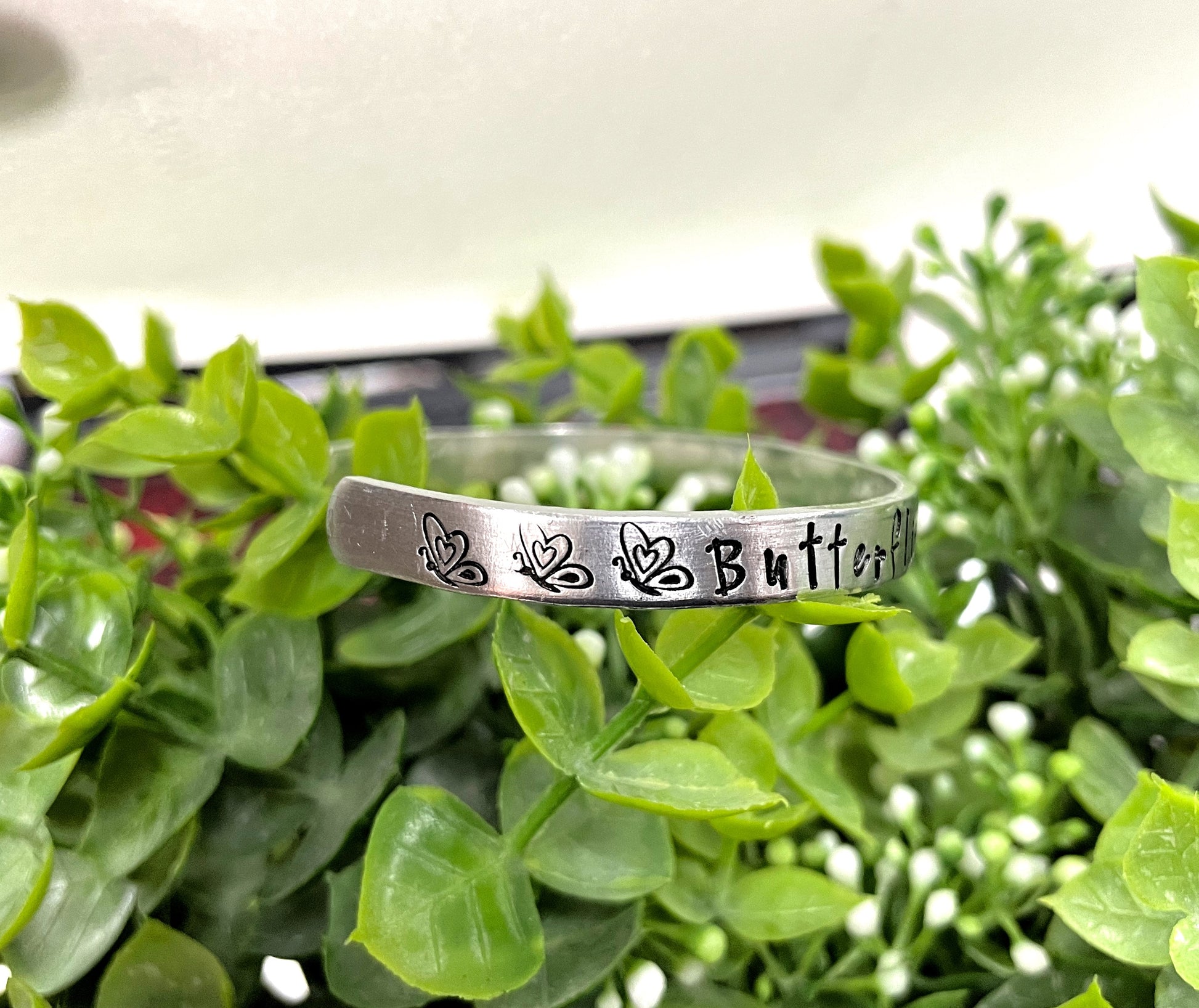 Butterflies Appear when Angels are Near Hand Stamped Cuff Bracelet - Handmade by Marlayna