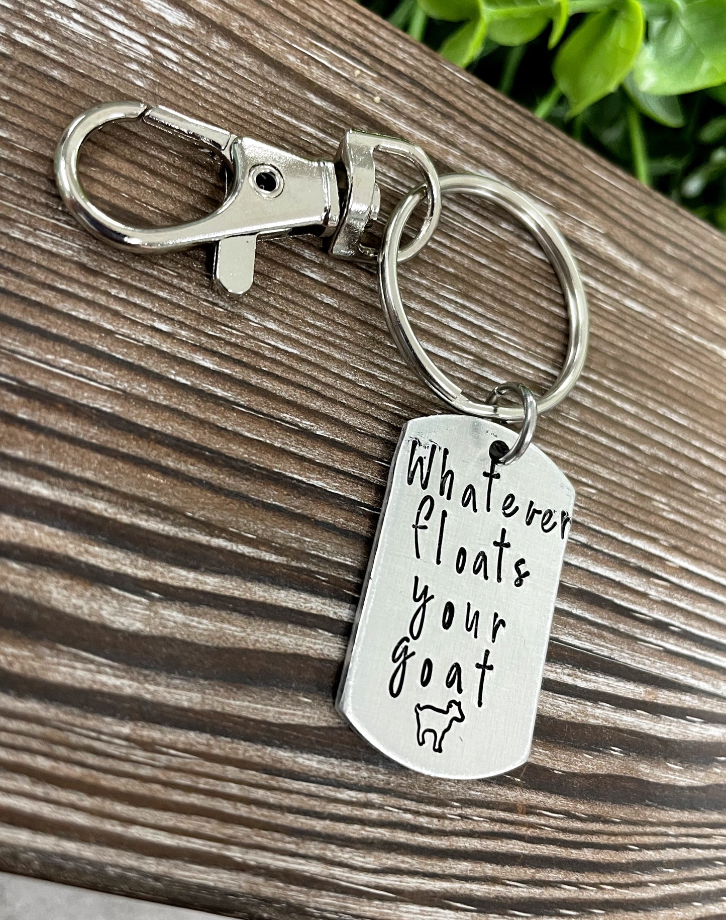 Whatever floats your goat Fun Animal Themed Hand Stamped Key Chain - Handmade by Marlayna