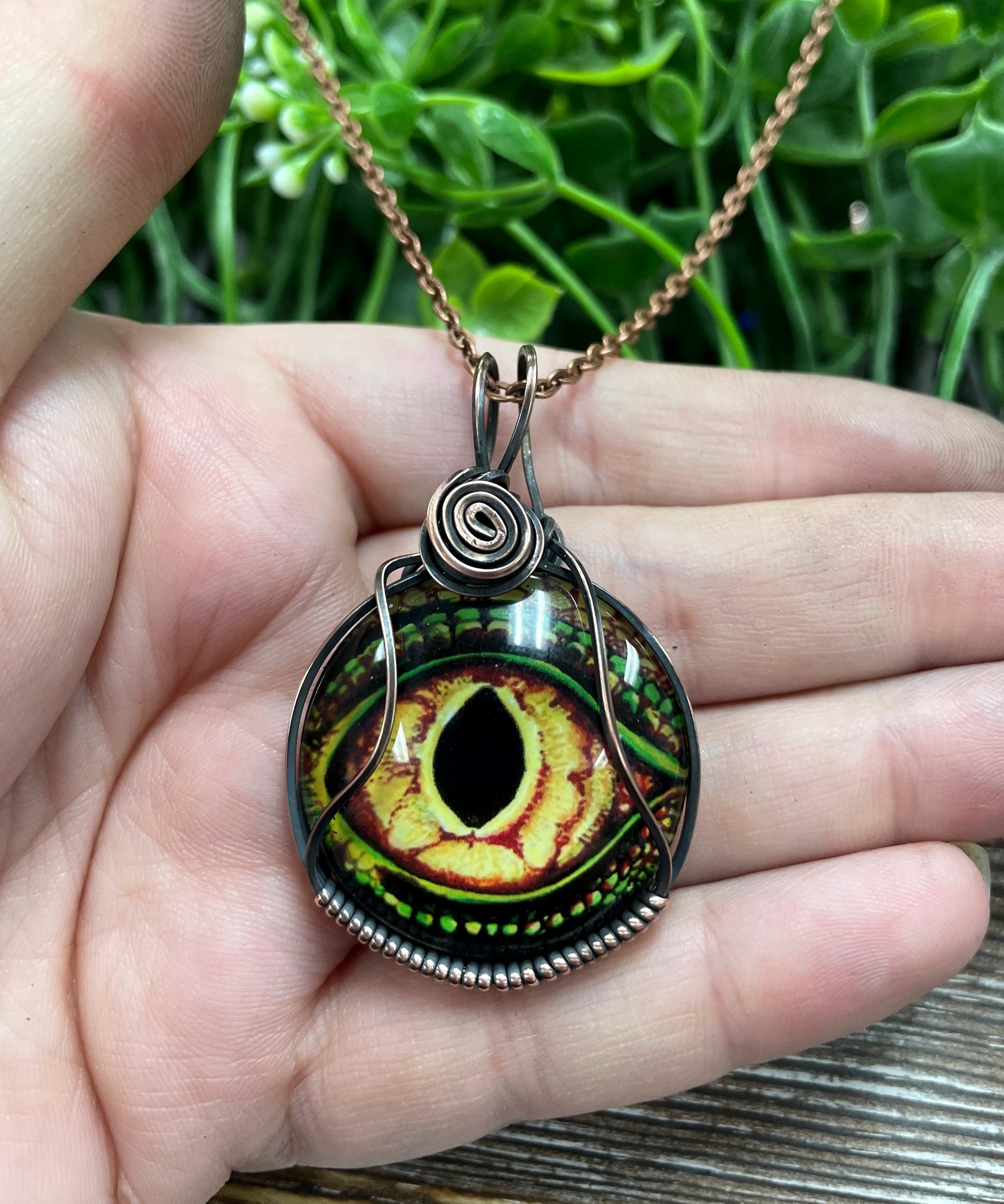 Wire Wrapped Graphic Art Dragon Eye Glass Pendant - Handmade by Marlayna