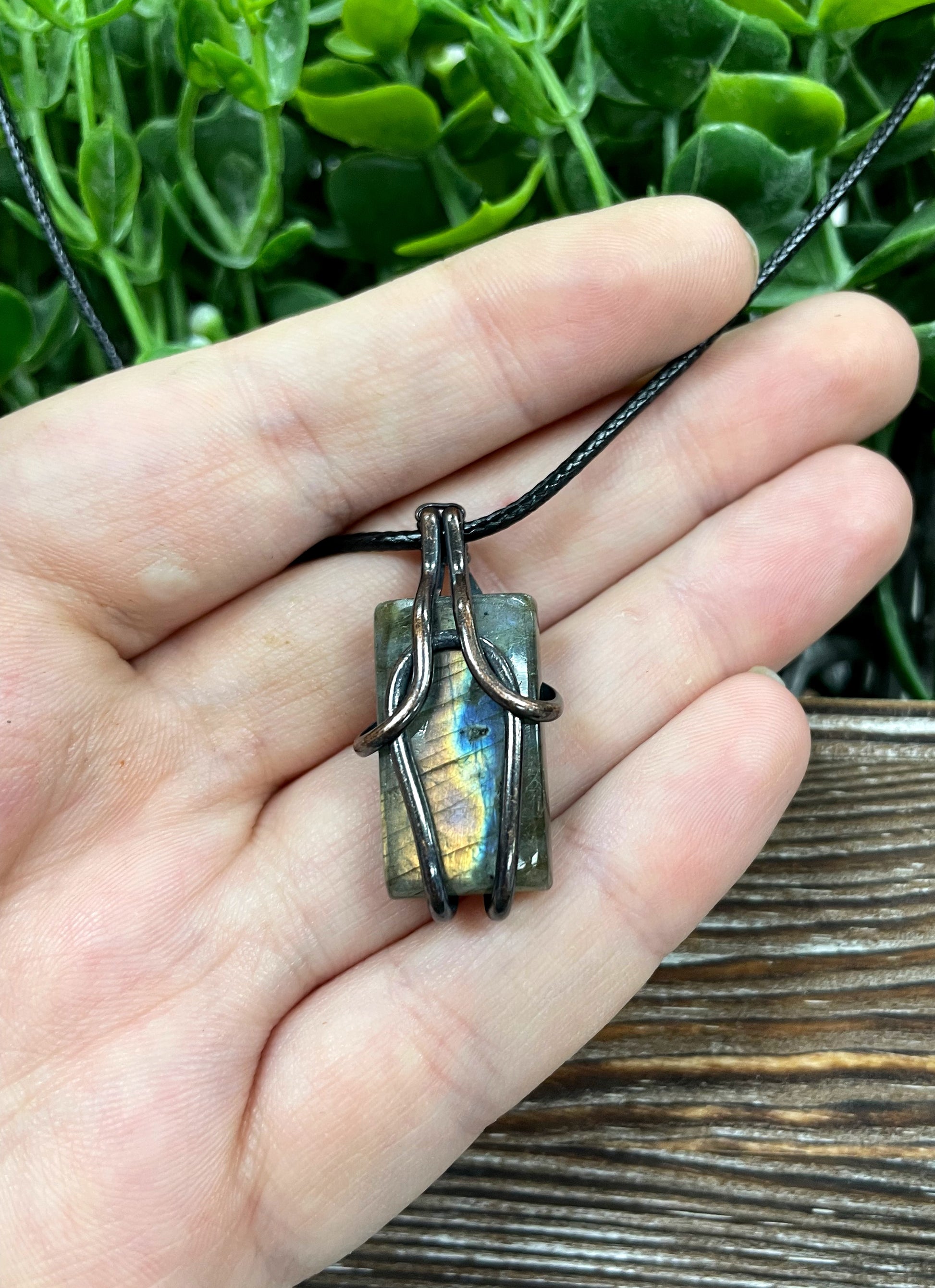 Mini Wire Wrapped Labradorite Gemstone Pendant, Square or Rectangle Shape - Handmade by Marlayna